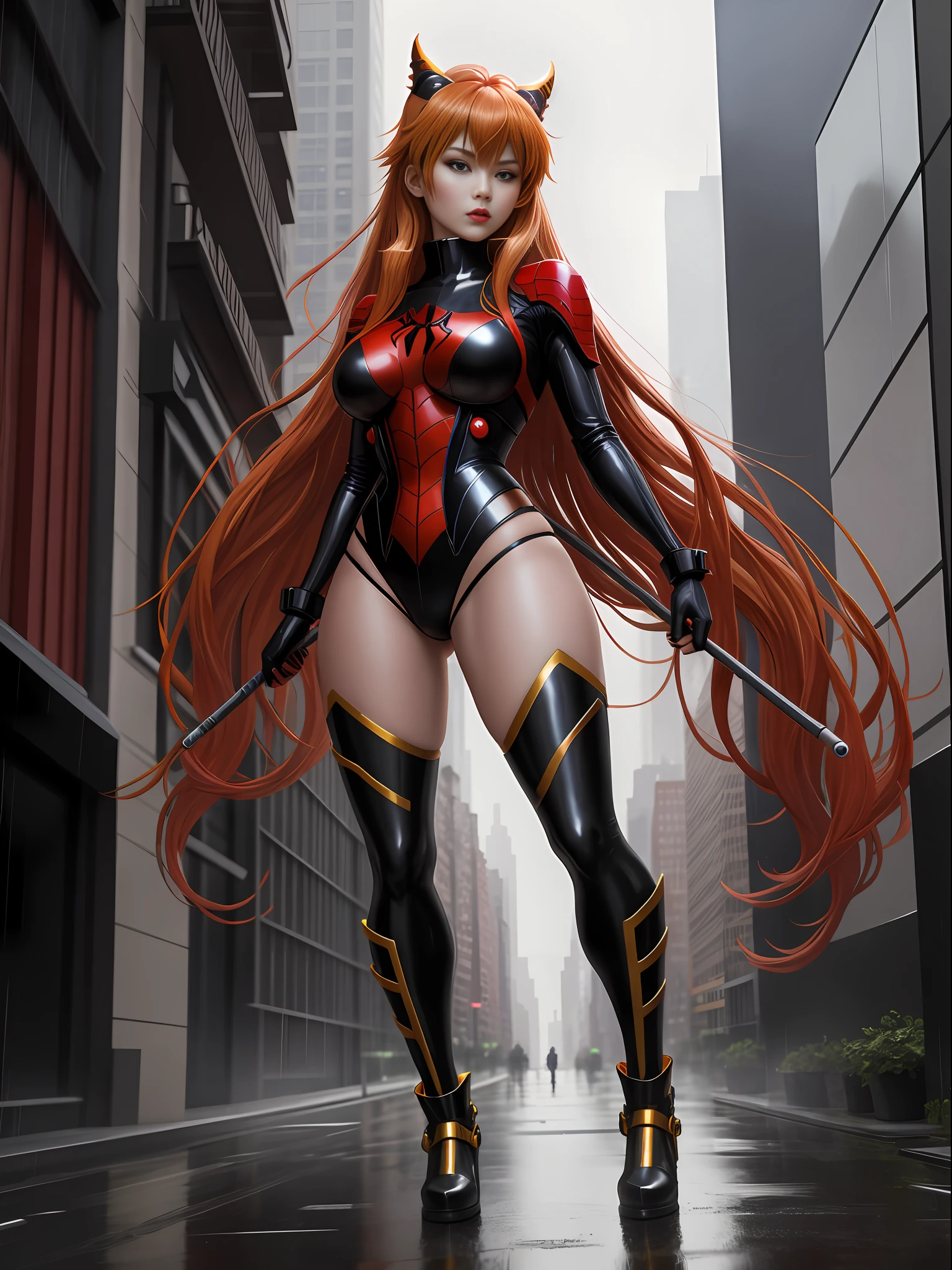 Full body photo of Asuka Langley Soryu/Zombie, standing, in Shinobi/Spiderman costume all black with gold trimmings, with tight boots on her feet, immensely large breasts, wearing an Oni helmet with demonic features, stylish costume futuristic, looking at the viewer, heavy makeup on her face, red lipstick on her mouth, she is on top of a building in new york city with a very heavy rain, her body and hair are soaked with water, perfect anatomy, in pose fighting, fists up, making a cart, Realist, anime, Pixar, Realism, 16k, best quality, highres, award winning, high details, UHD, masterpiece, anatomically correct, ccurate