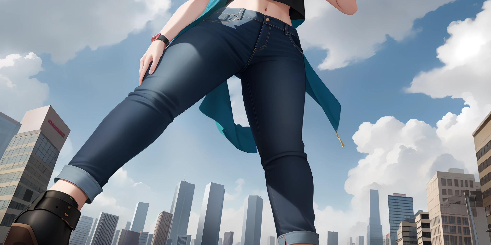 Giantess wearing crop top and jeans, athletic body, gts city, city buildings, smoke, clouds, evil, realistic lighting, high heels, from below