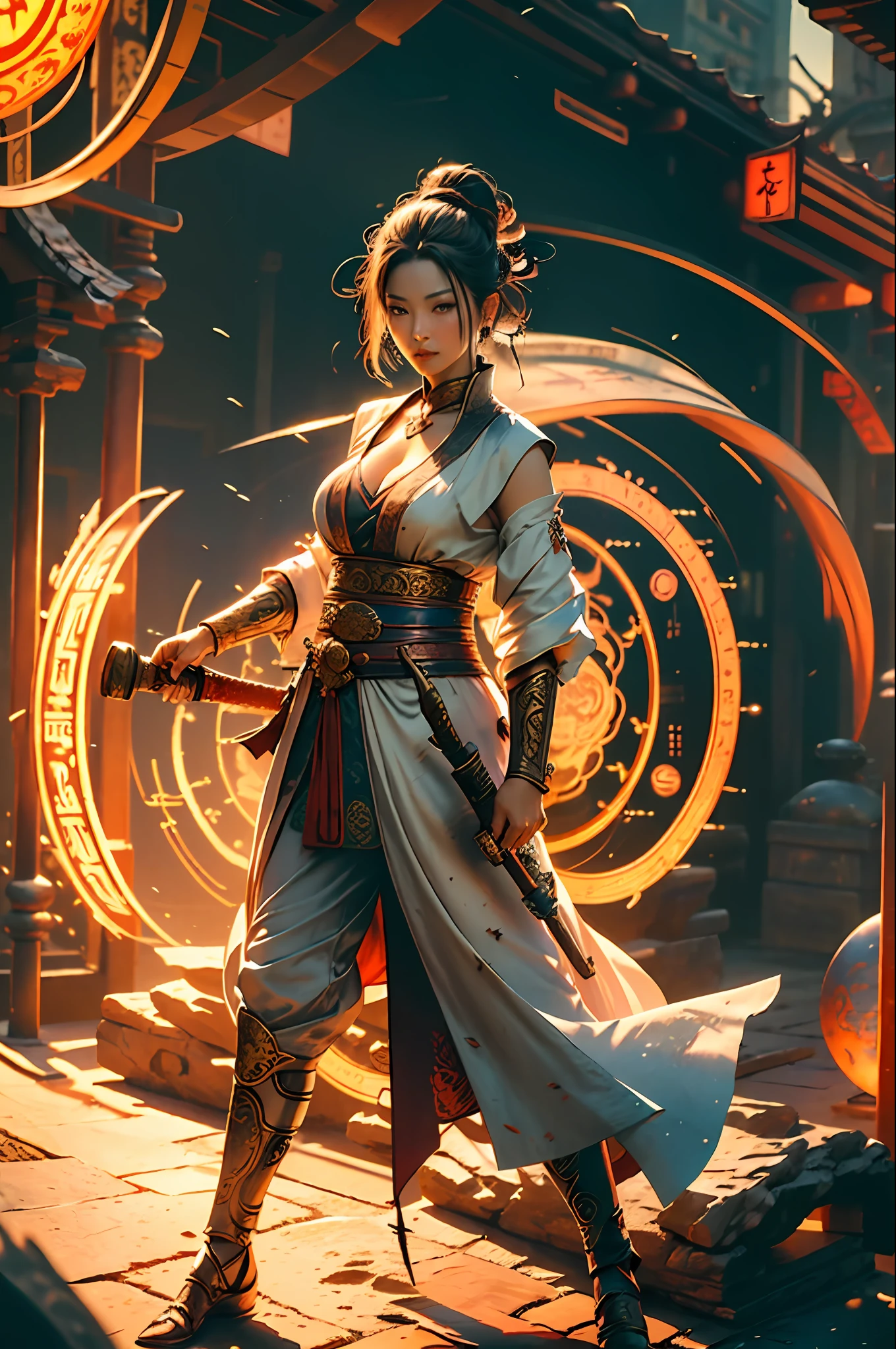 Best quality,masterpiece,ultra high res,(photorealistic:1.4),xiuxian,weapon,Detailed face,
1girl,solo,weapon,cleavage,(magic circle:1.2),xiuxian,upper body,Beautiful girl,full body,east asian architecture,sheath,architecture,