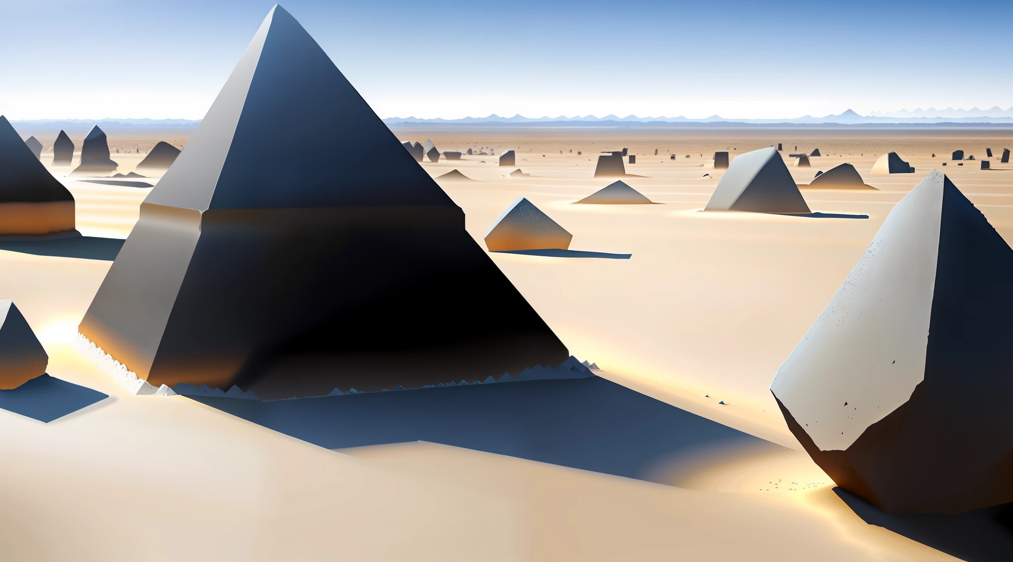 Endless desert, there are only few rocks on the desert, the rock structure is simple, the desert is flat, the sky is light blue, two-dimensional anime style, the style is gray, the rock distribution distance is large, the details are obvious, there is no shadow, the perspective is level view, there are few rocks, the rocks are large,