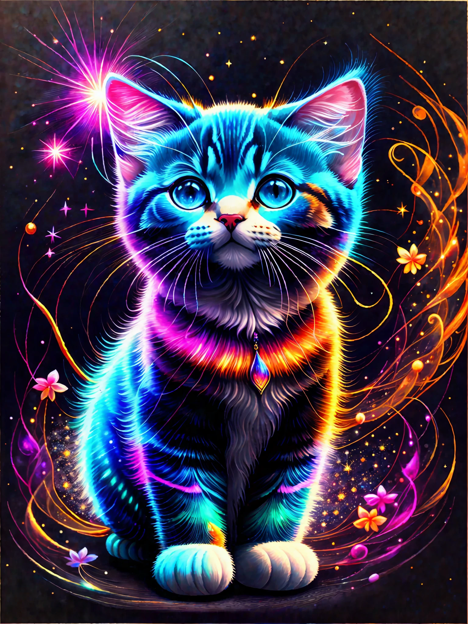 a painting of colored umabaleia on a black background,, breathtaking rendering, within a radiant connection, inspired by Kinuko Y. Craft,, magical elements, kitten icon, wow, is beautiful, casting a multi colorful spell, bright flash, flash