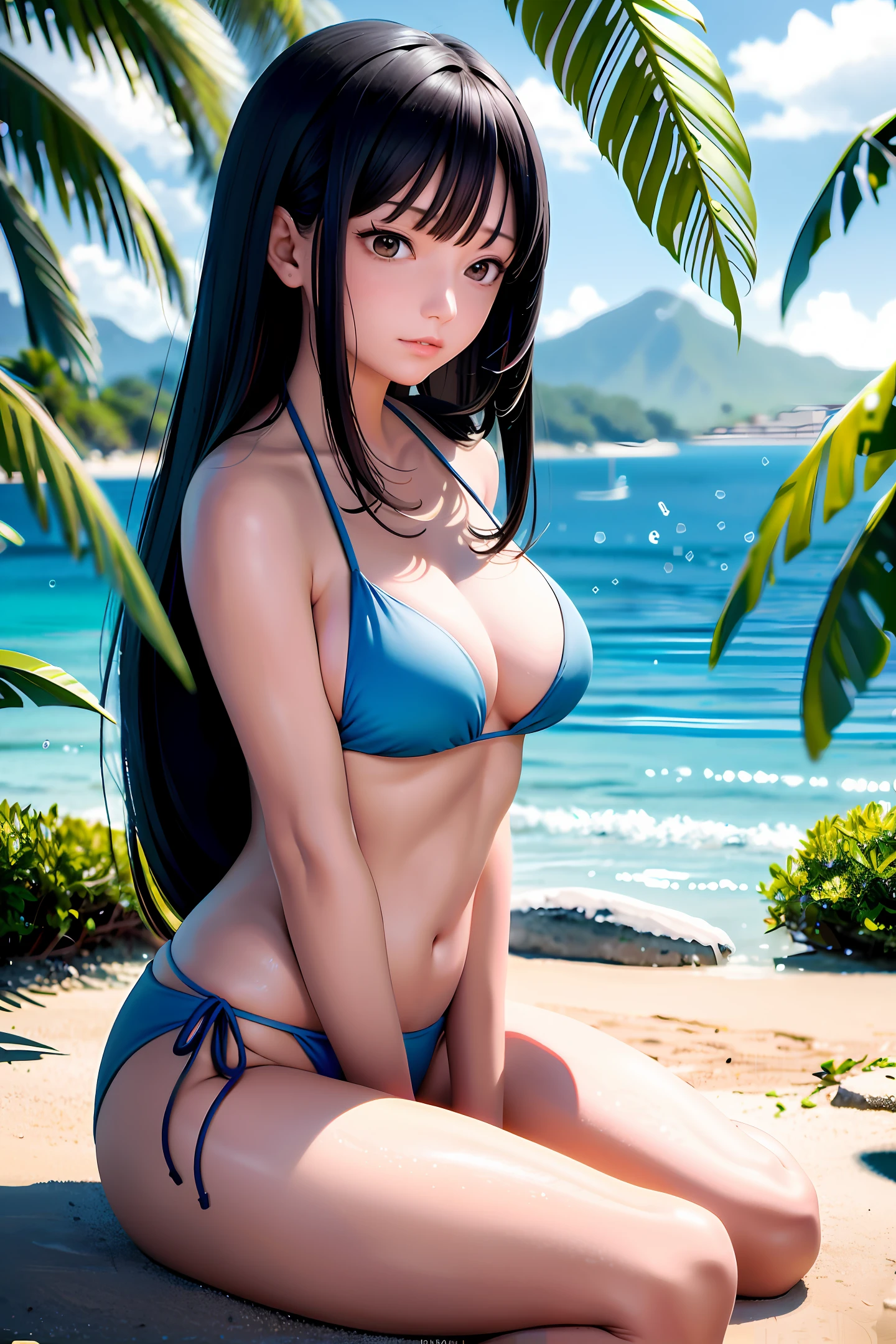 Describe an idyllic beach scene with a woman similar to Nico Robin from the One Piece anime. She is sitting on the soft sand, wearing a bikini that enhances her generous curves. Her chest is full and her thighs are shapely while her waist is delicately sculpted. Her olive skin is perfectly radiant, highlighting her natural beauty. With delicate hands, she picks up small colored pebbles from the beach sand and admires them curiously. The scenery around is breathtaking, with a calm and crystalline sea stretching to the horizon. A few islands dot the distant horizon, framed by majestic mountains covered in lush vegetation. Along the beach, tropical trees gently sway in the sea breeze, providing refreshing shade. The sun's rays shine brightly, creating golden reflections in the water and bringing an added glow to a woman's flawless skin. She seems completely at ease, immersed in the serenity of her surroundings. His tranquil expression reflects a mixture of wonder and inner peace. It is a moment of pure harmony, where nature and beauty are in perfect harmony with a woman identical to Nico Robin, providing a glimpse of peace and tranquility for those who observe this paradisiacal scene. 8k ultra HD Vivid colors masterpiece ultra resolution