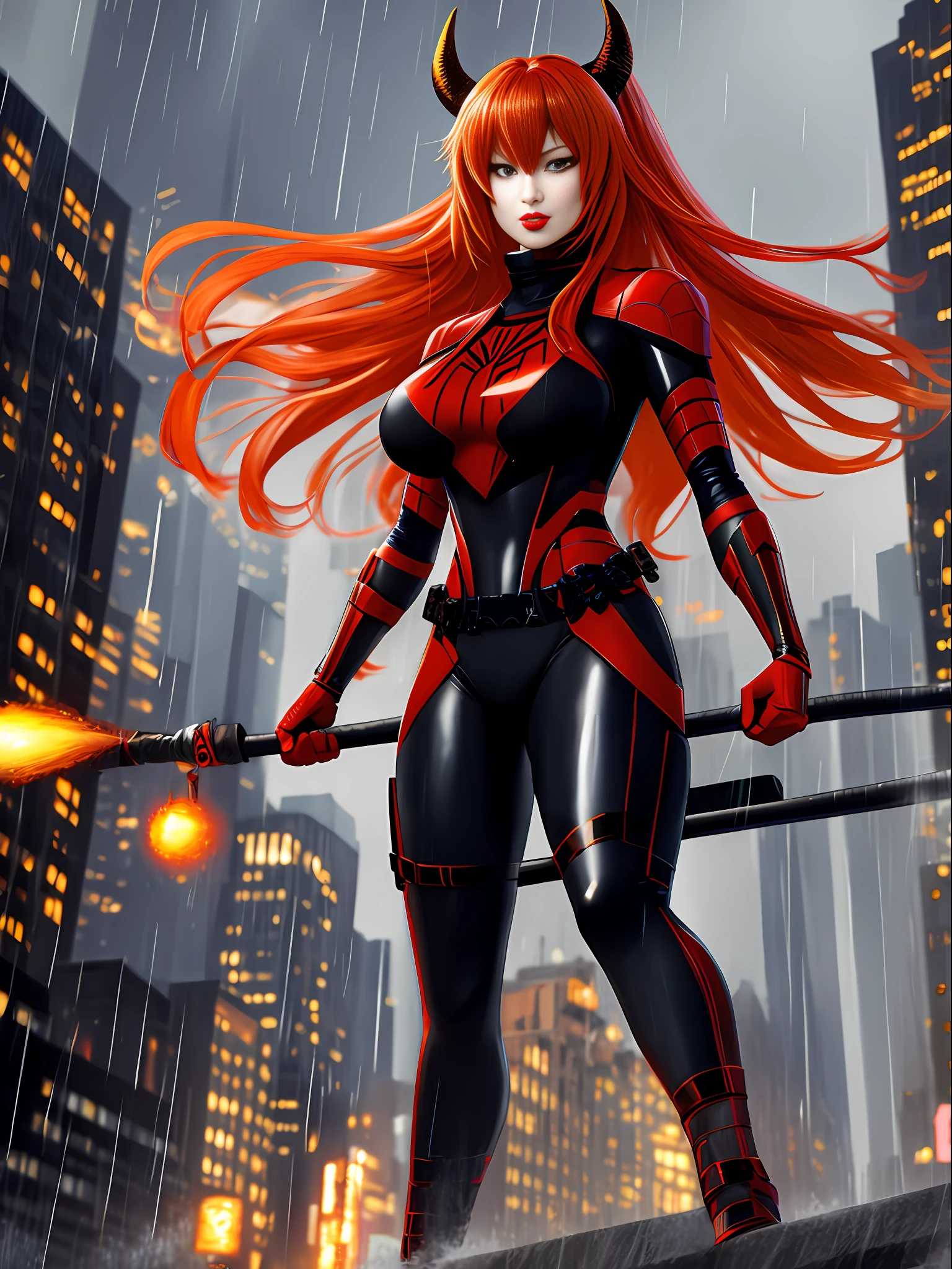 Full body photo of Asuka Langley Soryu/Zombie, standing, in Shinobi/Spiderman costume all black with gold trimmings, with tight boots on her feet, immensely large breasts, wearing an Oni helmet with demonic features, stylish costume futuristic, looking at the viewer, heavy makeup on her face, red lipstick on her mouth, she is on top of a building in new york city with a very heavy rain, her body and hair are soaked with water, perfect ???????, in pose fighting, fists up, making a cart, Realist, anime, Pixar, Realism, 16k, best quality, highres, award winning, high details, UHD, masterpiece, anatomically correct, ccurate