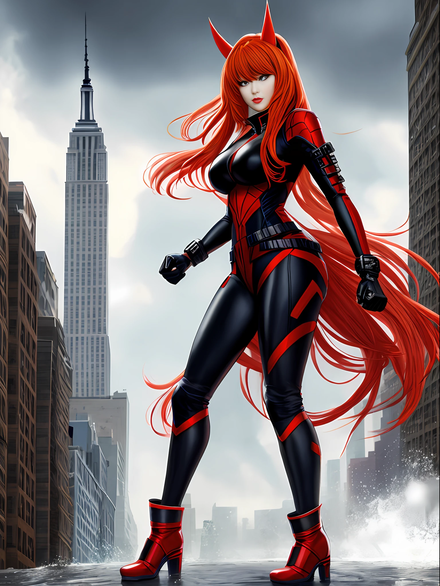 Full body photo of Asuka Langley Soryu/Zombie, standing, in Shinobi/Spiderman costume all black with gold trimmings, with tight boots on her feet, immensely large breasts, wearing an Oni helmet with demonic features, stylish costume futuristic, looking at the viewer, heavy makeup on her face, red lipstick on her mouth, she is on top of a building in new york city with a very heavy rain, her body and hair are soaked with water, perfect anatomy, in pose fighting, fists up, making a cart, Realist, anime, Pixar, Realism, 16k, best quality, highres, award winning, high details, UHD, masterpiece, anatomically correct, ccurate