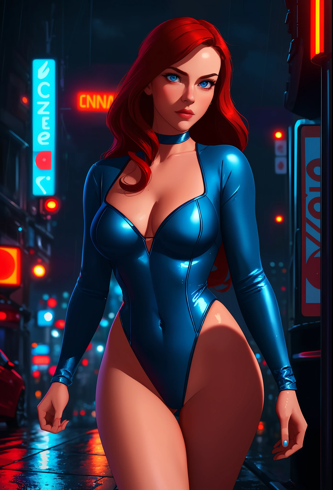 ((best quality)), ((masterpiece)), ((ultra realistic)), (dynamic ???? pose), french redhead, beautiful detailed face, detailed eyes, ???? police woman, dressed in a blue and red leotard, night time rainy street in a cyberpunk city, neon edge lighting, highly detailed, professional, ???? legs,