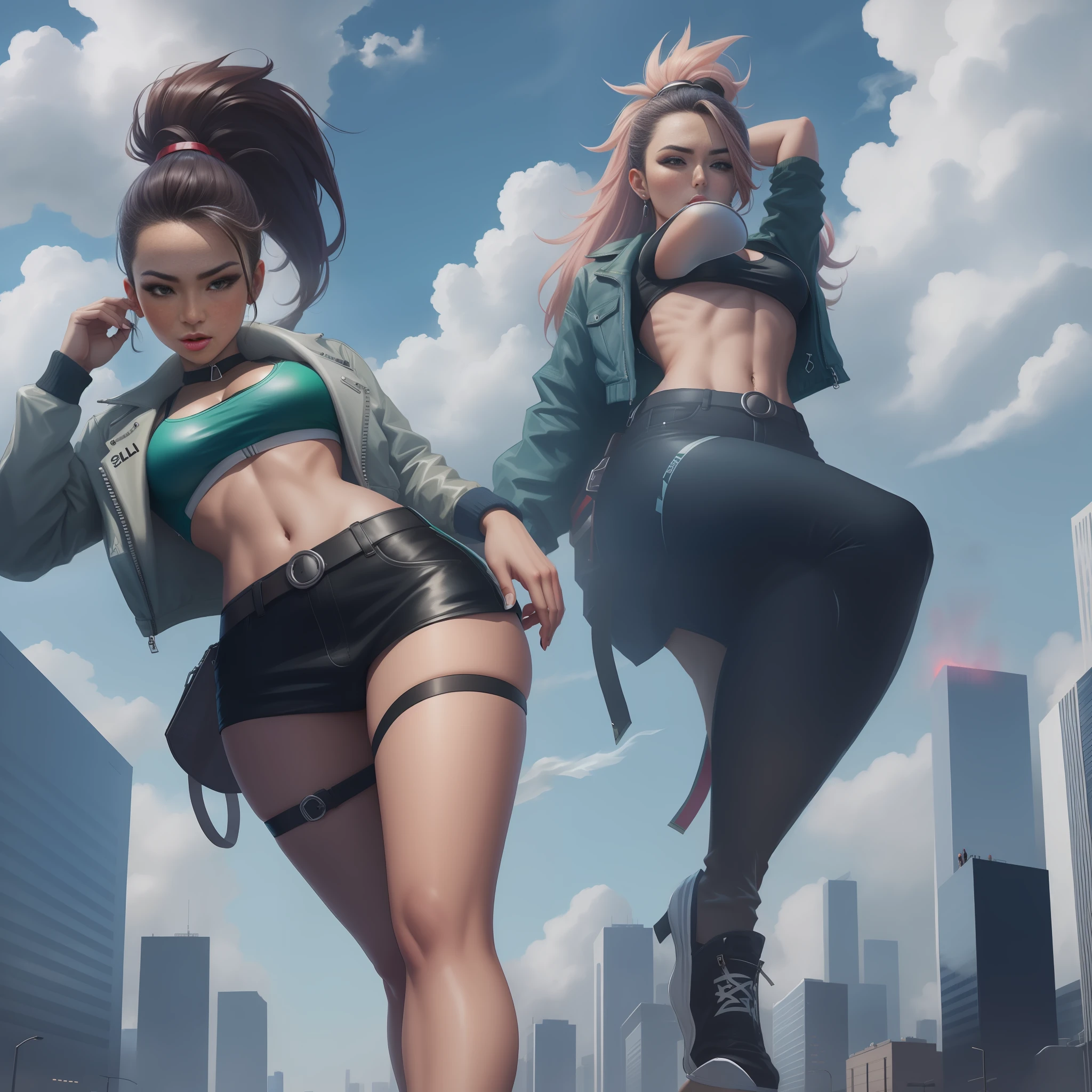 Giantess akali wearing crop top and jacket, athletic body, gts city, city buildings, smoke, clouds, evil