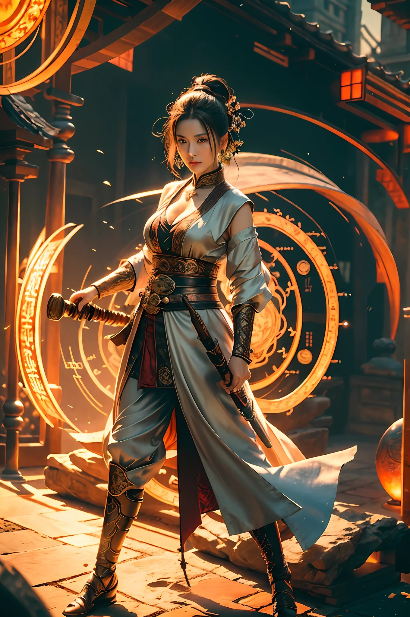 Best quality,masterpiece,ultra high res,(photorealistic:1.4),xiuxian,weapon,Detailed face,
1girl,solo,weapon,cleavage,(magic circle:1.2),xiuxian,upper body,Beautiful girl,full body,east asian architecture,sheath,architecture,