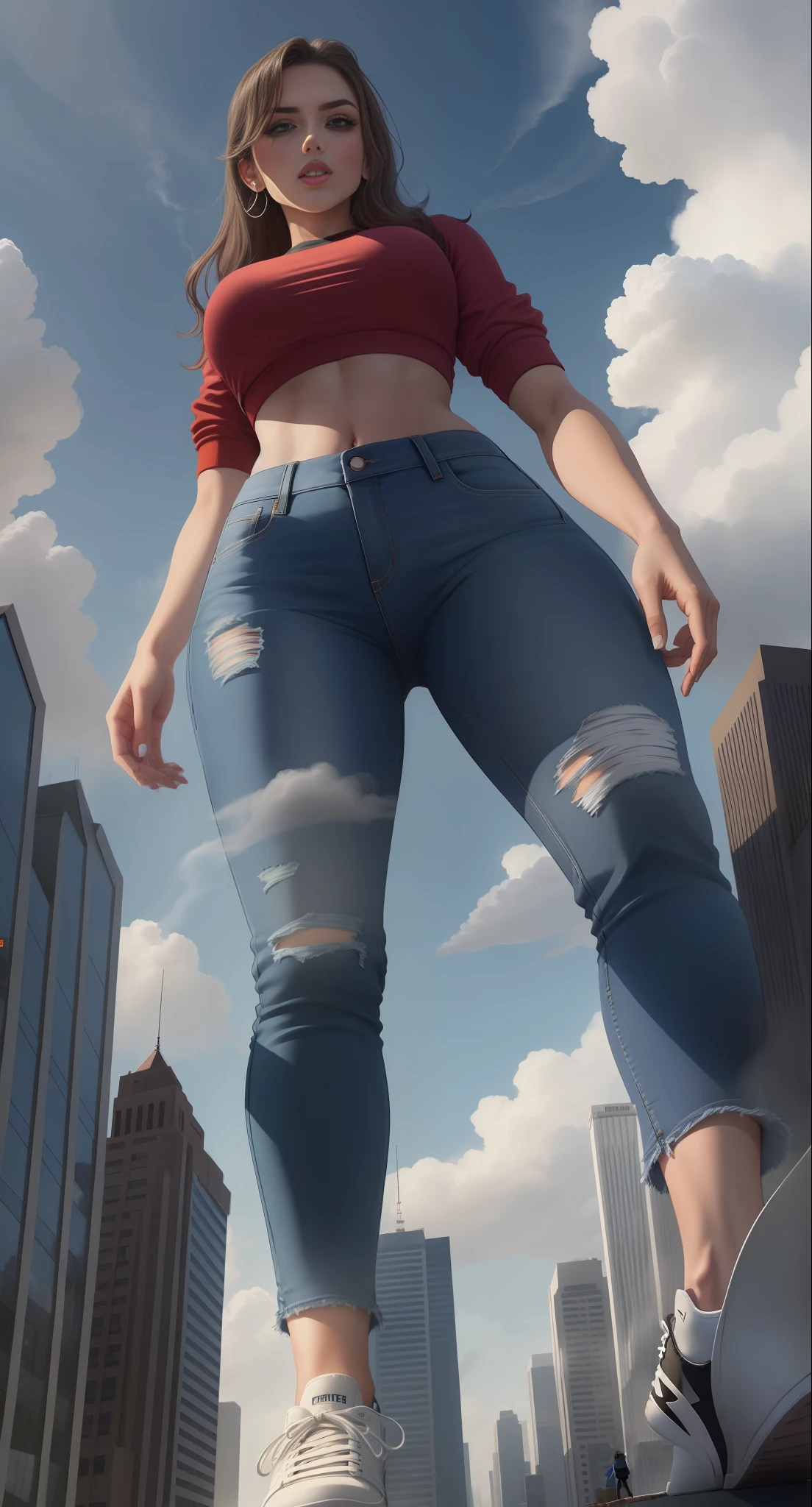 Giantess wearing crop top and jeans, athletic body, gts city, city buildings, smoke, clouds, evil, destruction, wearing sneakers, from below view