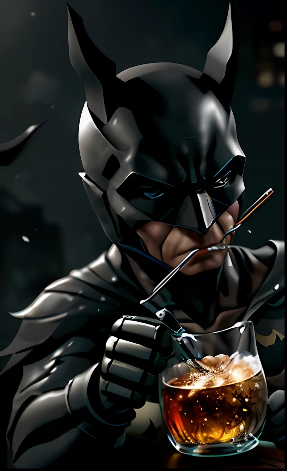 Make an ultra realistic image of a robot drinking cachaça with the batman