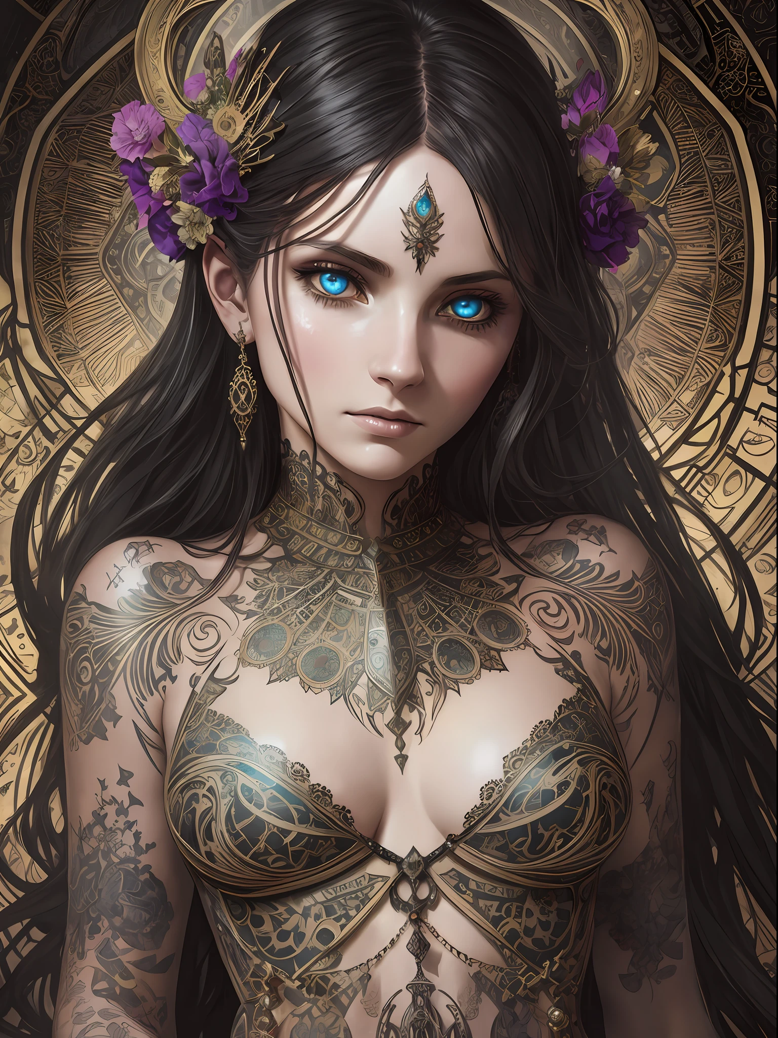 State of Decay, beautiful skeleton, tatoo in face, with heterochromia whimsical by russ mills by anna dittman, spooky dark background, skull, bones, ruby, long wavy hair, scenic, cute, adorable, pretty, 8k resolution concept art portrait by Greg Rutkowski, Artgerm, WLOP, Alphonse Mucha Hyper-Detailed Dynamic Lighting Intricately Detailed Splash Art Triadic Color Trend Artstation Unreal Engine 5 Volumetric Lighting, Gothic, High Res, Close-up Portrait, Ambient Light, Nikon 15mm f/1.8G, by GIlSam-paio octane rendering representing innovation and truth, 8k, by Lee Jeffries, Alessio Albi, Adrian Kuipers, glamour, intricate detailed environment, lace, stains, dark watercolor background, masterpiece, ornate, depth.
