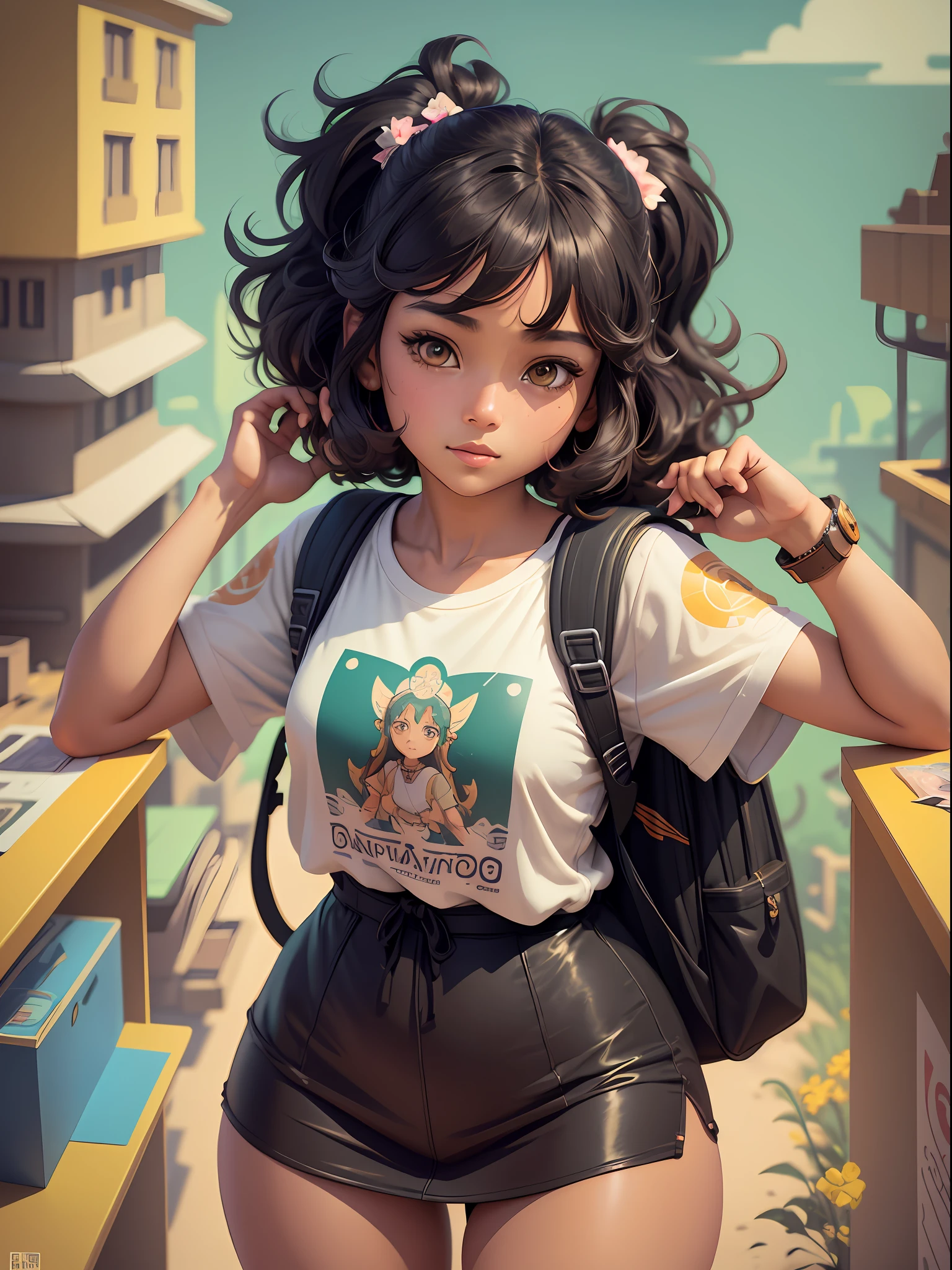 A detailed illustration of adorable cute tan girl,black curly-silky hair, tan skin, wearing a backpack, style cartoon, colors, two-dimensional, planar vector, character design, T-shirt design, stickers, colorful splashes, and T-shirt design, Studio Ghibli style, soft tetrad color, vector art, fantasy art, watercolor effect, Alphonse Mucha, Adobe Illustrator, digital painting, low polygon, soft lighting, aerial view, isometric style, retro aesthetics, focusing on people, 8K resolution, octane render