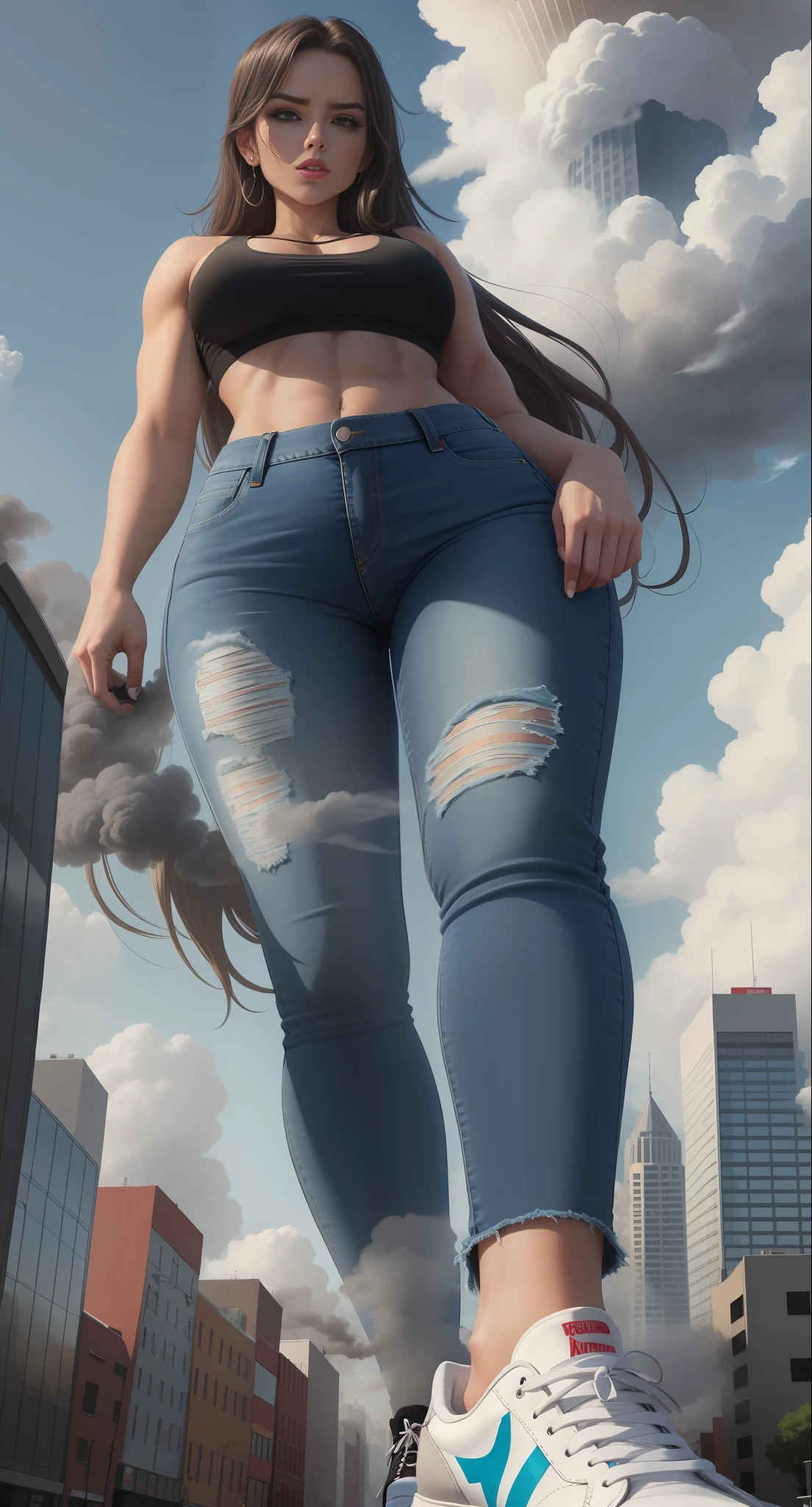 Giantess wearing crop top and jeans, athletic body, gts city, city buildings, smoke, clouds, evil, destruction, wearing sneakers, pov