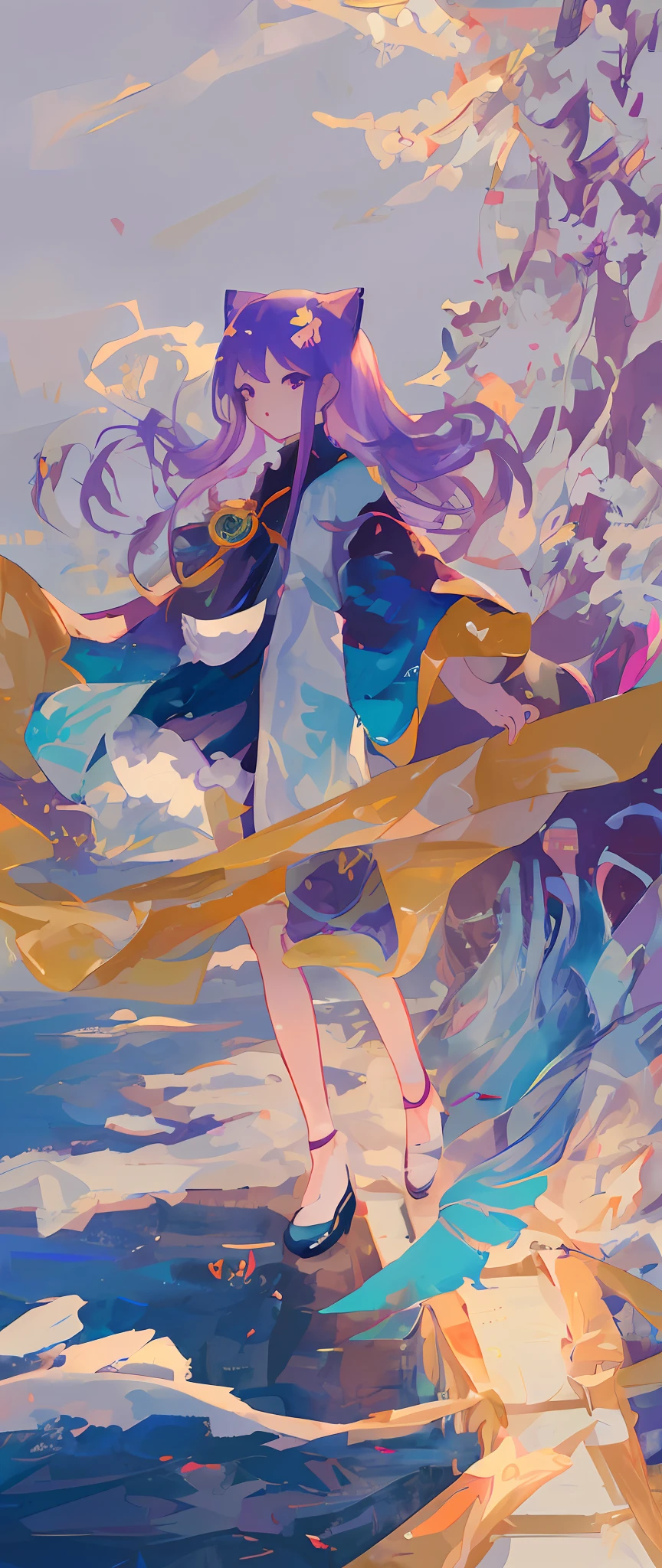 Anime girl frolicking with fish in the water. Wearing a blue cheongsam, the shape is cute and moving; The original god carved Qing, fused with the elements of the Onmyoji, and the cheongsam is light and flowing; Anime art style, exquisite and delicate picture quality; Purple cat ears and cute hair. This is a 4K high-definition, beautiful anime girl artwork showing full of cuteness.
