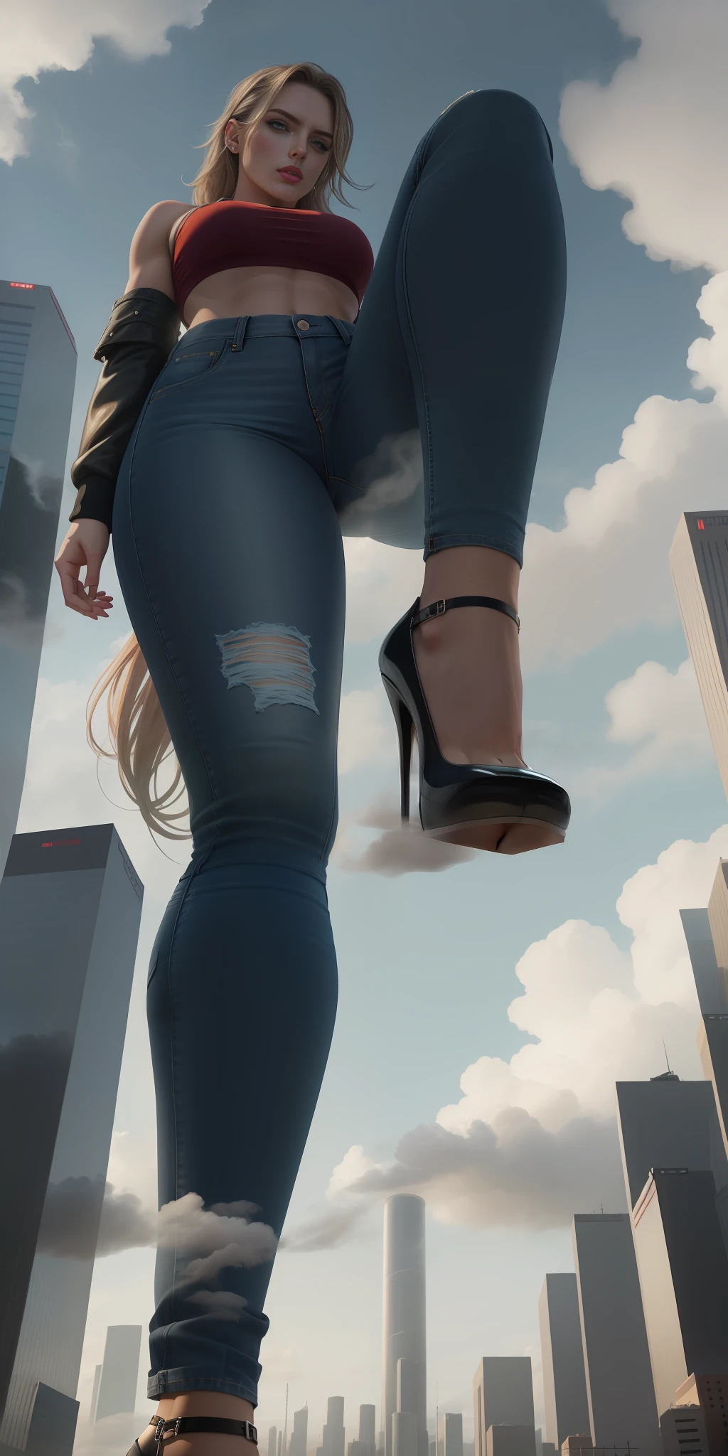 Giantess wearing crop top and jeans, athletic body, gts city, city buildings, smoke, clouds, evil, realistic lighting, high heels, from below,