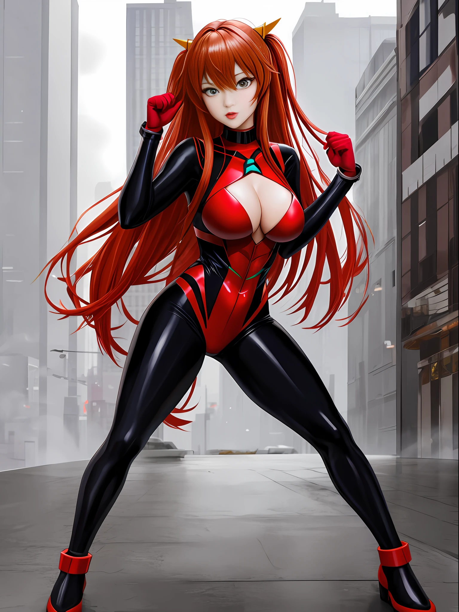 Full body photo of Asuka Langley Soryu/Zombie, standing, in a Shinobi/Spiderman costume all black with gold trimmings, with tight-fitting boots on her feet, immensely large breasts, circular jewel of bright blue jade on her chest, wearing Ultraman helmet, futuristic style costume, looking at the viewer, heavy makeup on her face, red lipstick on her mouth, she is on top of a building in New York City with a very heavy rain, her body and hair are soaked with water, perfect anatomy, in fighting pose, fists up, cartwheeling, Realist, anime, Pixar, Realism, 16k, best quality, highres, award winning, high details, UHD, masterpiece, anatomically correct, ccurate