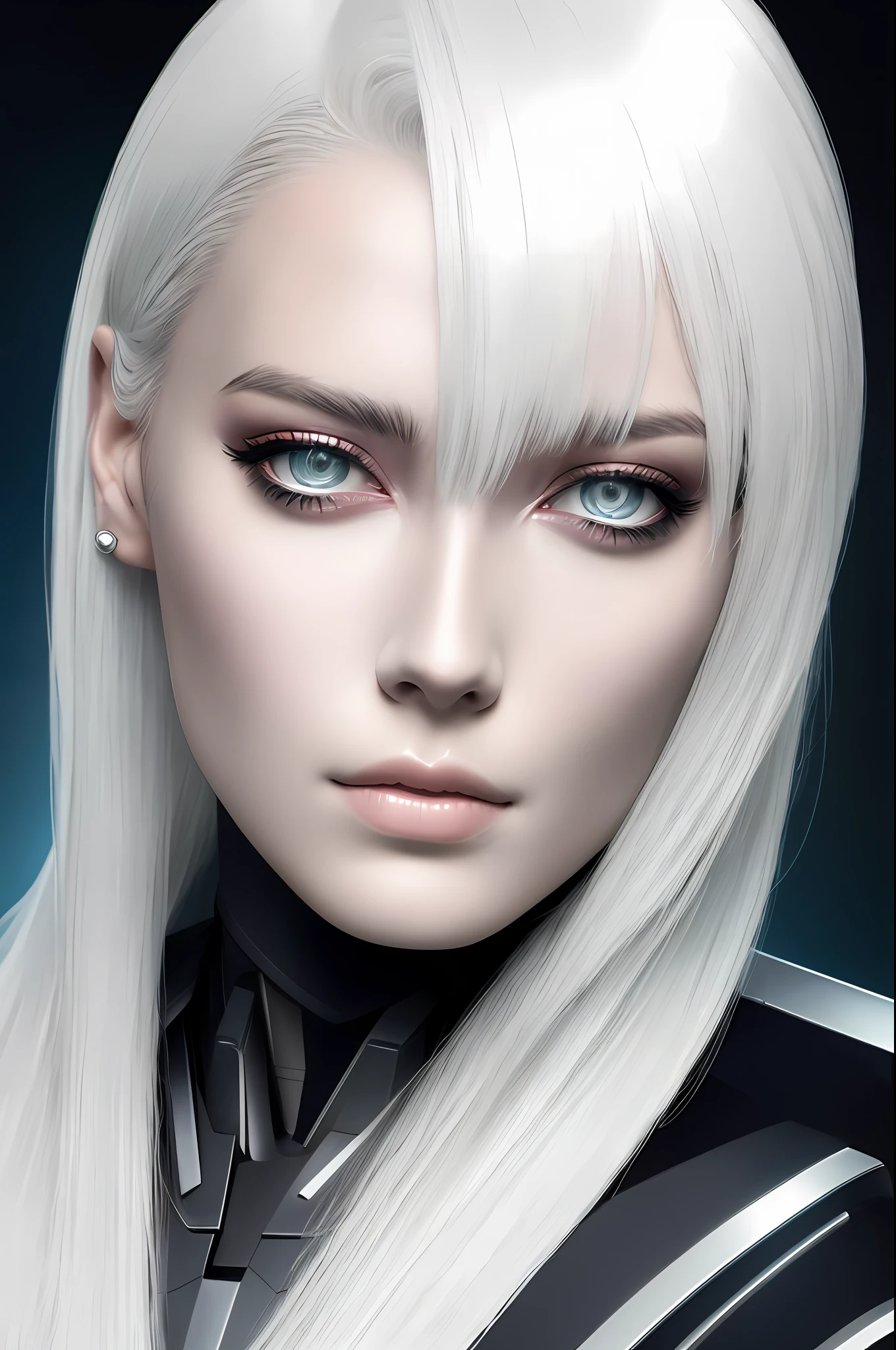 Close-up of woman with white hair, robot, android, metal skin, cyborg, beautiful digital illustration, science fiction, digital illustration style