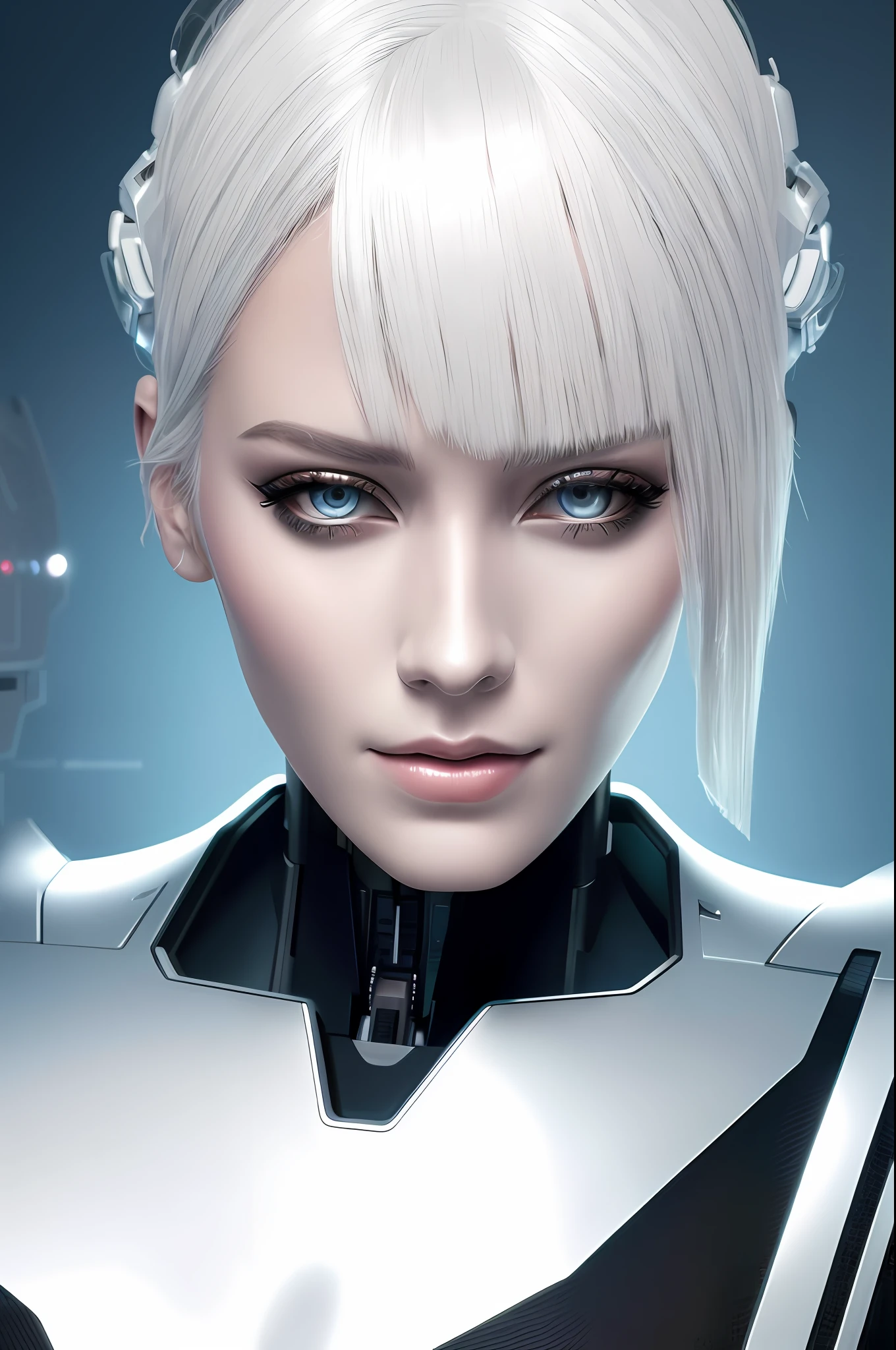 Close-up of woman with white hair, robot, android, metal skin, cyborg, beautiful digital illustration, science fiction, digital illustration style