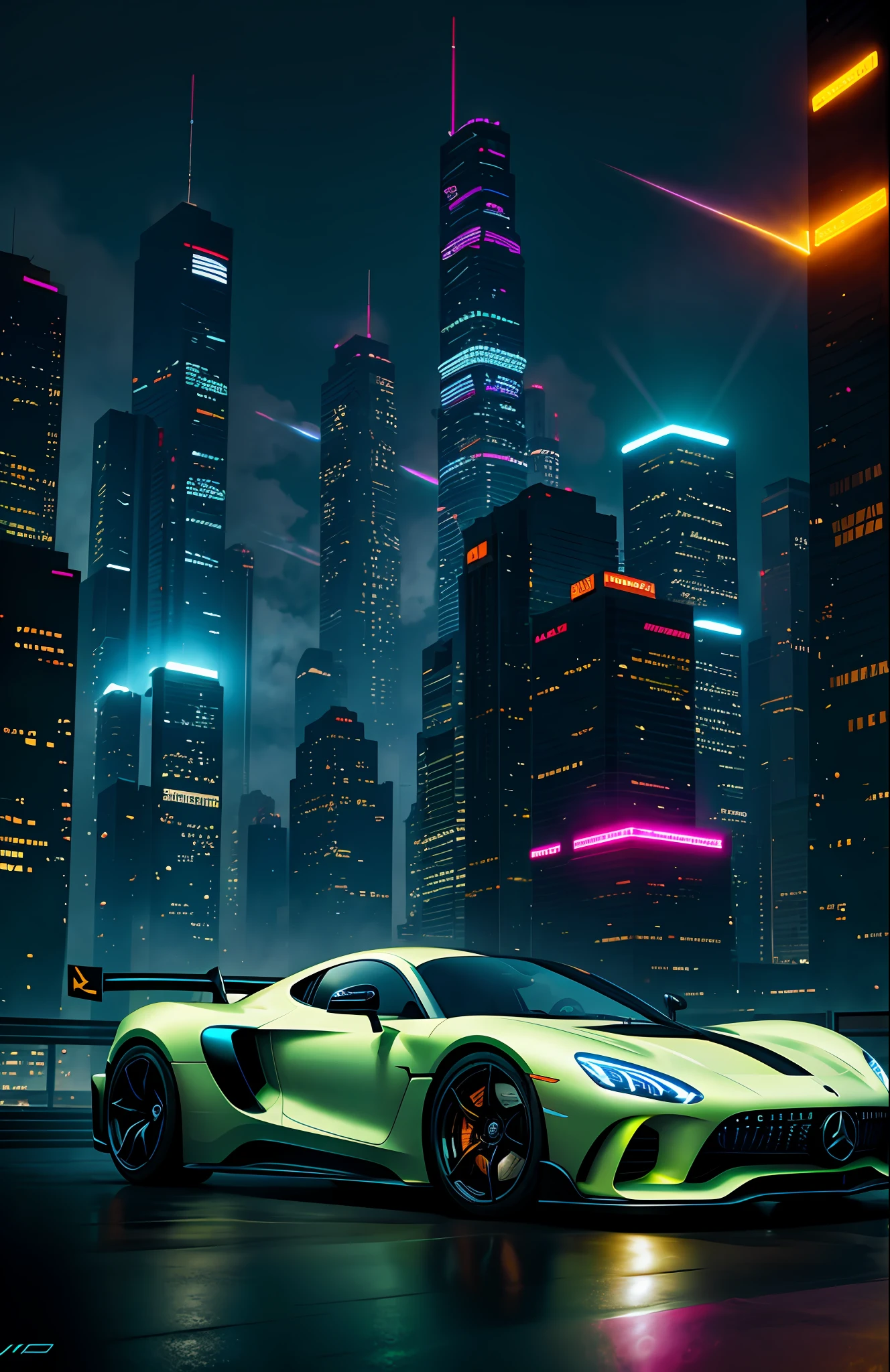 hypercars cyberpunk, muted colors ,swirling color smokes,legend,cityscape,space,mercedez benz
