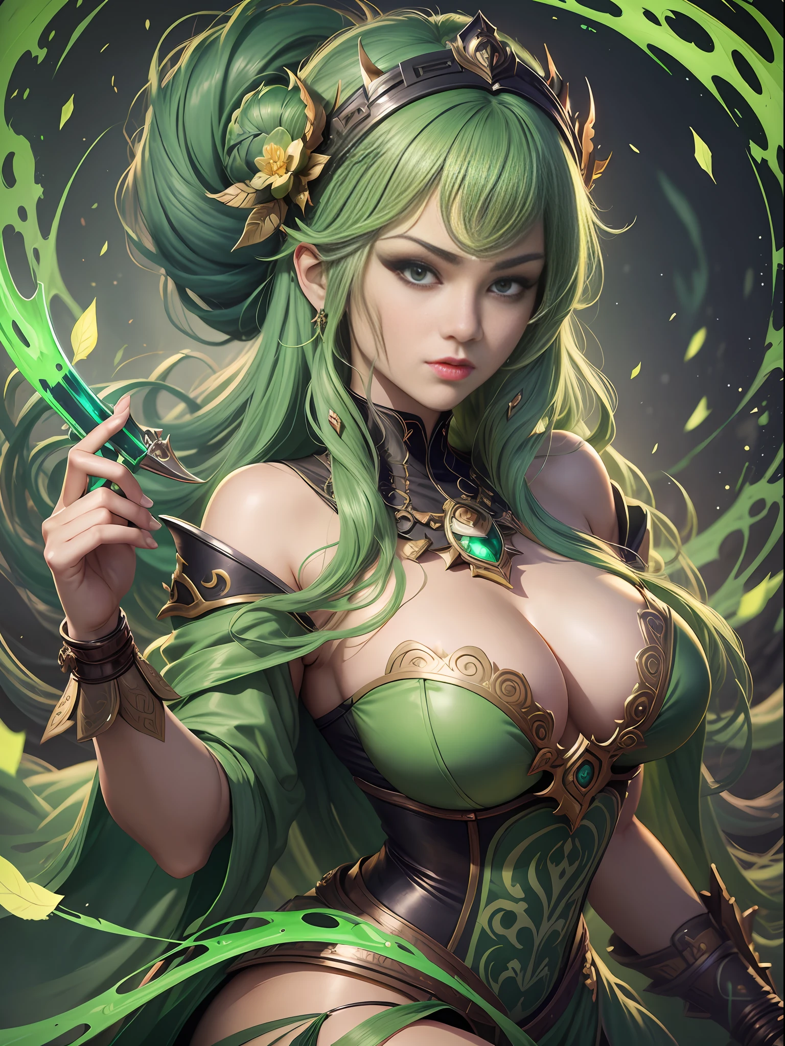 best quality, masterpiece, detailed, long dress, woman with green hair, holding a sword, Artgerm inspired, pixiv contest winner, octopus goddess, Berserk art style, close-up portrait, goddess skull, Senna from League of Legends, Tatsumaki with green curly hair, card game illustration, thick brush, HD anime wallpaper, Akali from League of Legends, 8k resolution