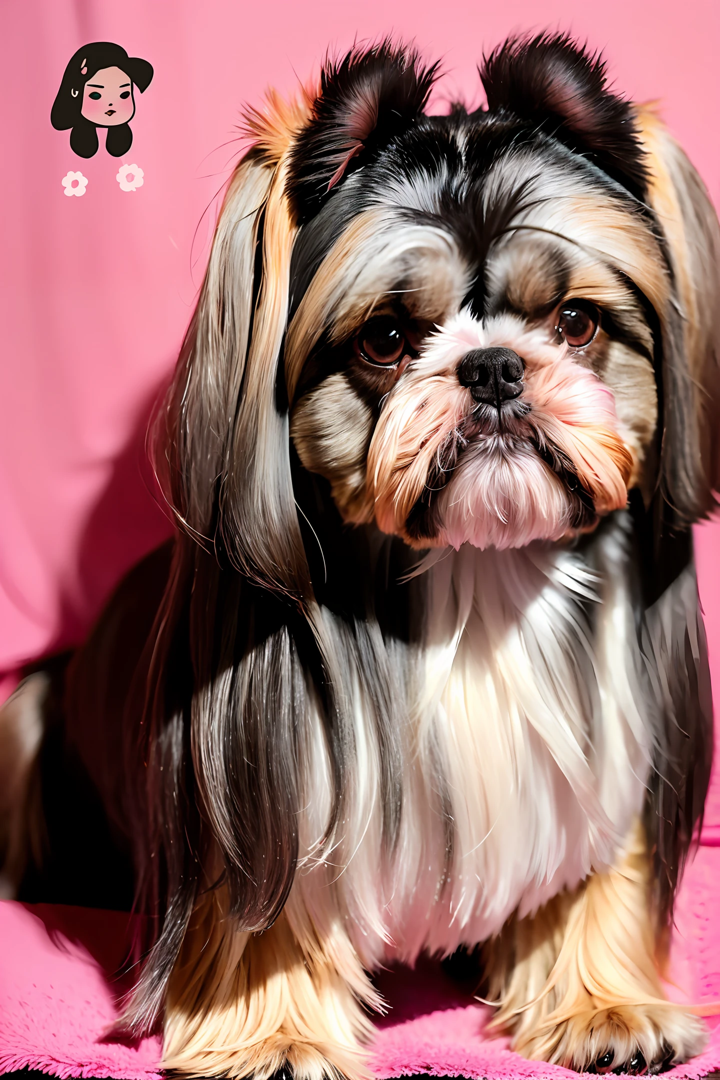 Female shitzu dog 1. (Shih-tzu dog:1.3) with black ears lying on a pink blanket with green accents in a room rich in sophisticated natural neuroscientific details mechanically suited to an innovative futuristic setting in contrast to the Wild West