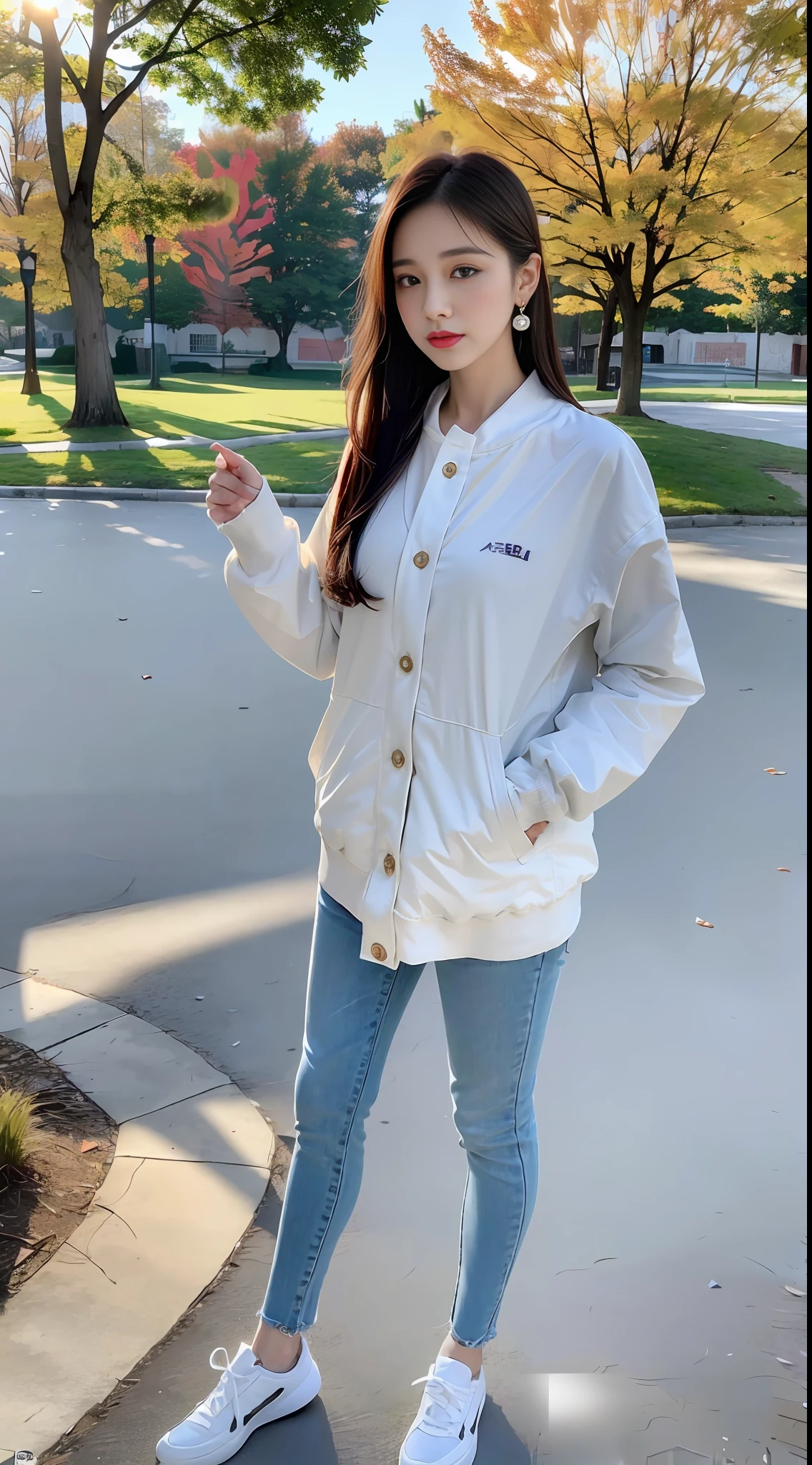 (8k, RAW Photo, Best Quality, Masterpiece: 1.2), (Realistic, Photo Real: 1.37), Professional Lighting, Photon Mapping, Teleportion, Korean Girl, Park, White Autumn Wear