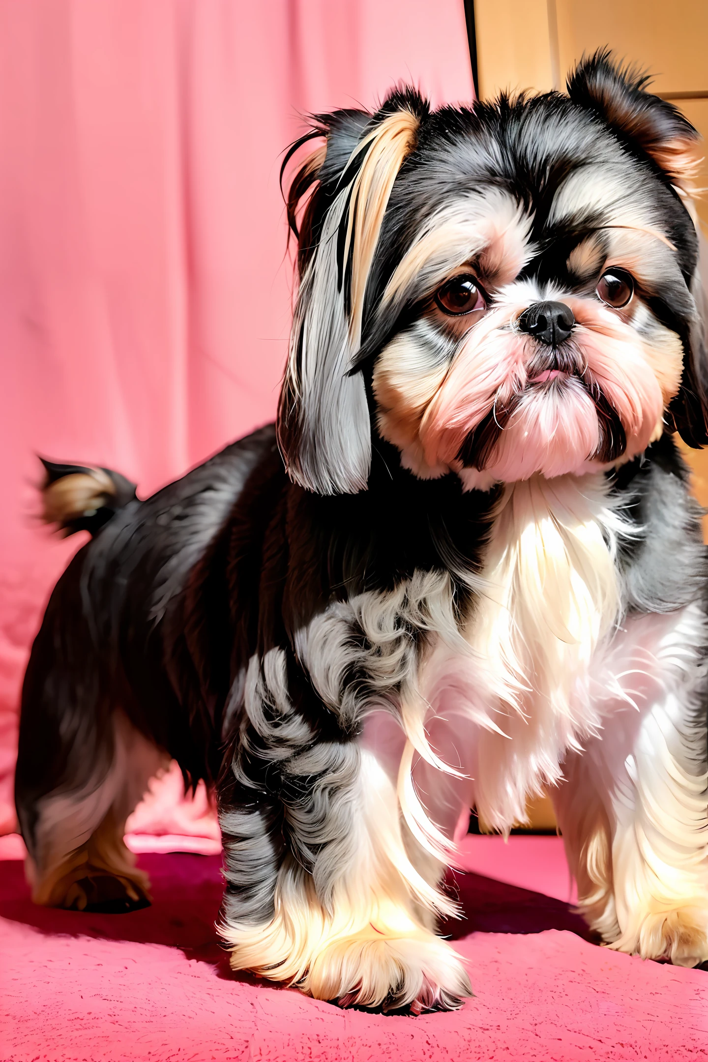 Female shitzu dog 1. (Shih-tzu dog:1.3) with black ears lying on a pink blanket with green accents in a room rich in sophisticated natural neuroscientific details mechanically suited to an innovative futuristic setting in contrast to the Wild West