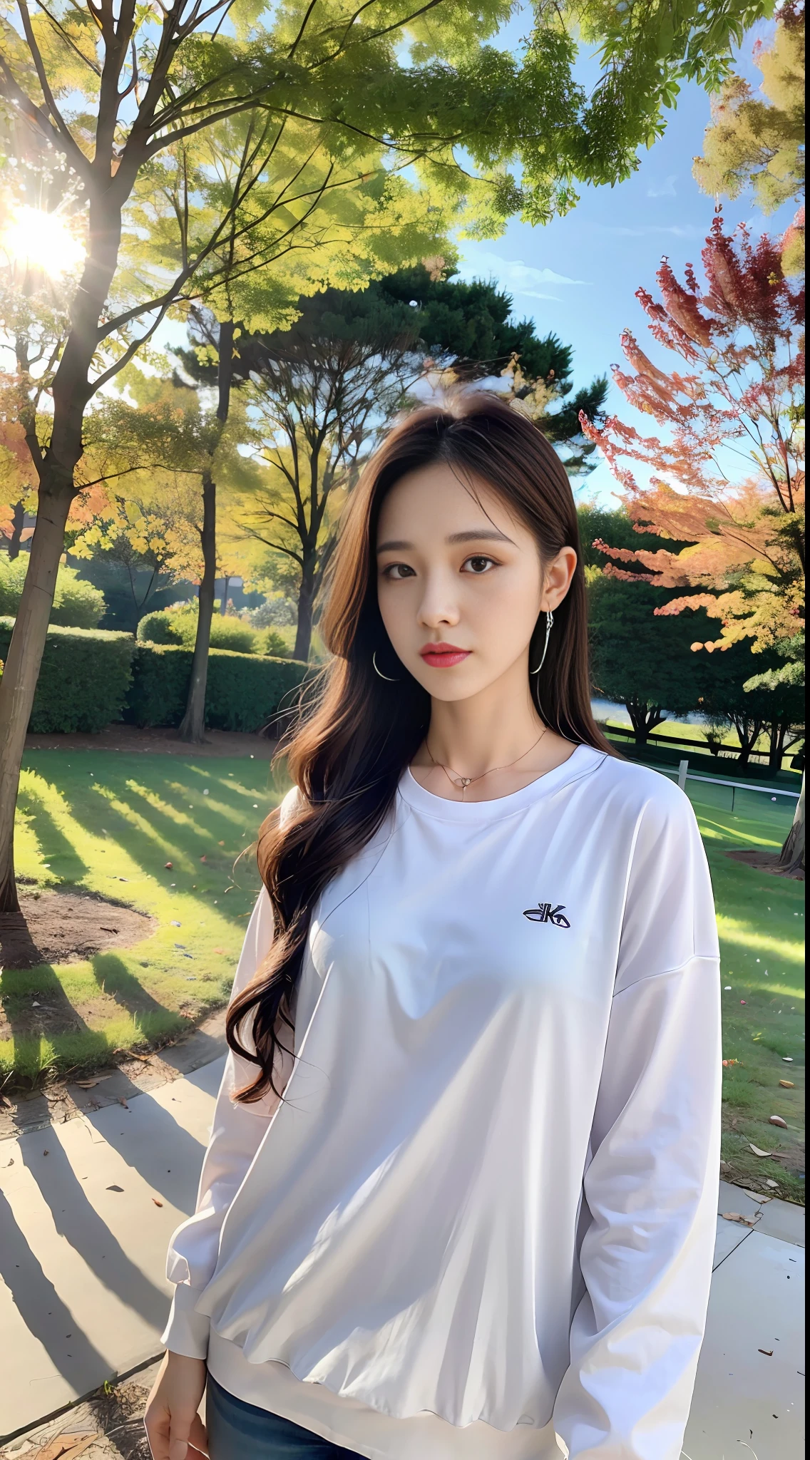 (8k, RAW Photo, Best Quality, Masterpiece: 1.2), (Realistic, Photo Real: 1.37), Professional Lighting, Photon Mapping, Teleportion, Korean Girl, Park, White Autumn Wear
