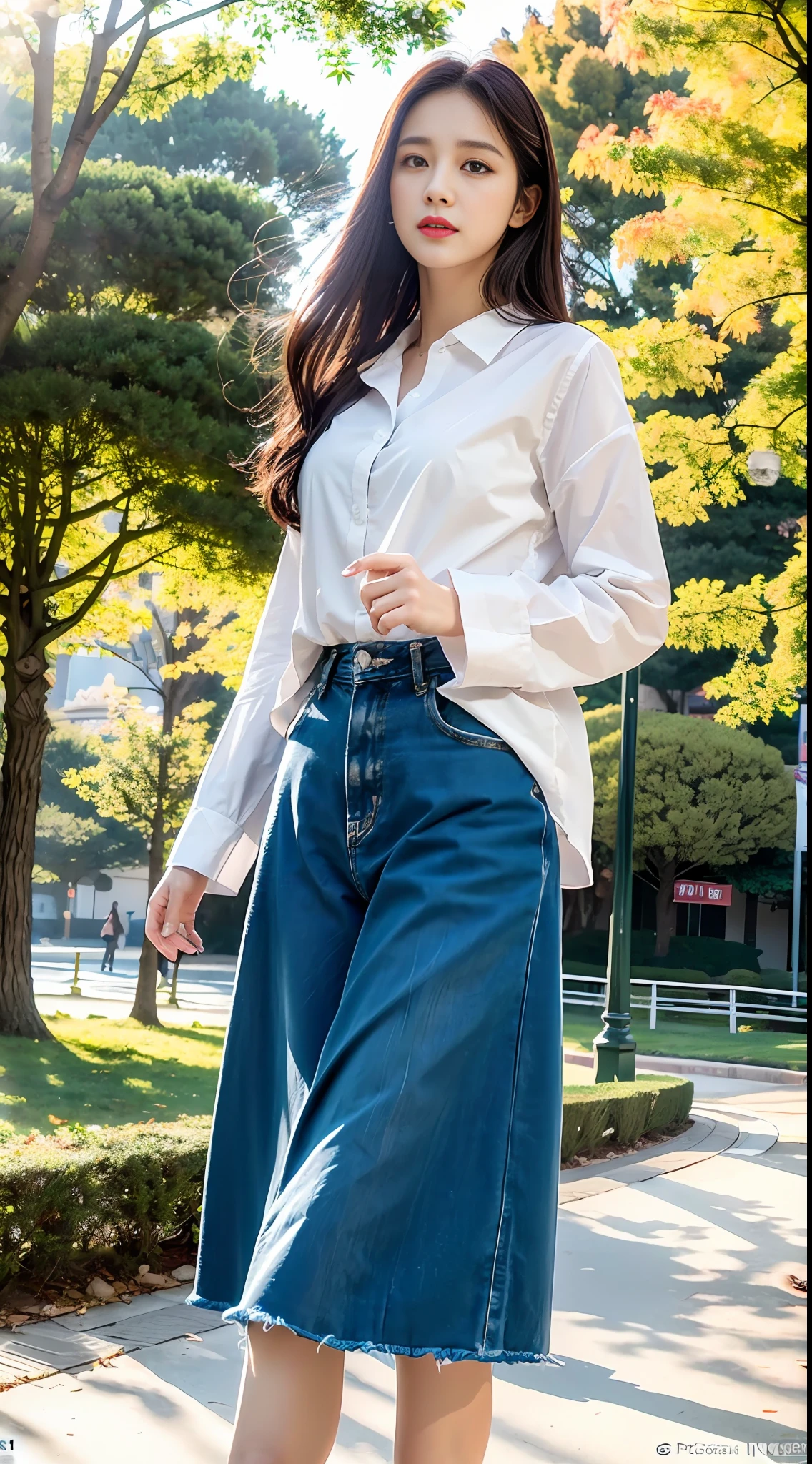 (8k, RAW Photo, Best Quality, Masterpiece: 1.2), (Realistic, Photo Real: 1.37), Professional Lighting, Photon Mapping, Teleportion, Korean Girl, Park, White Autumn Wear