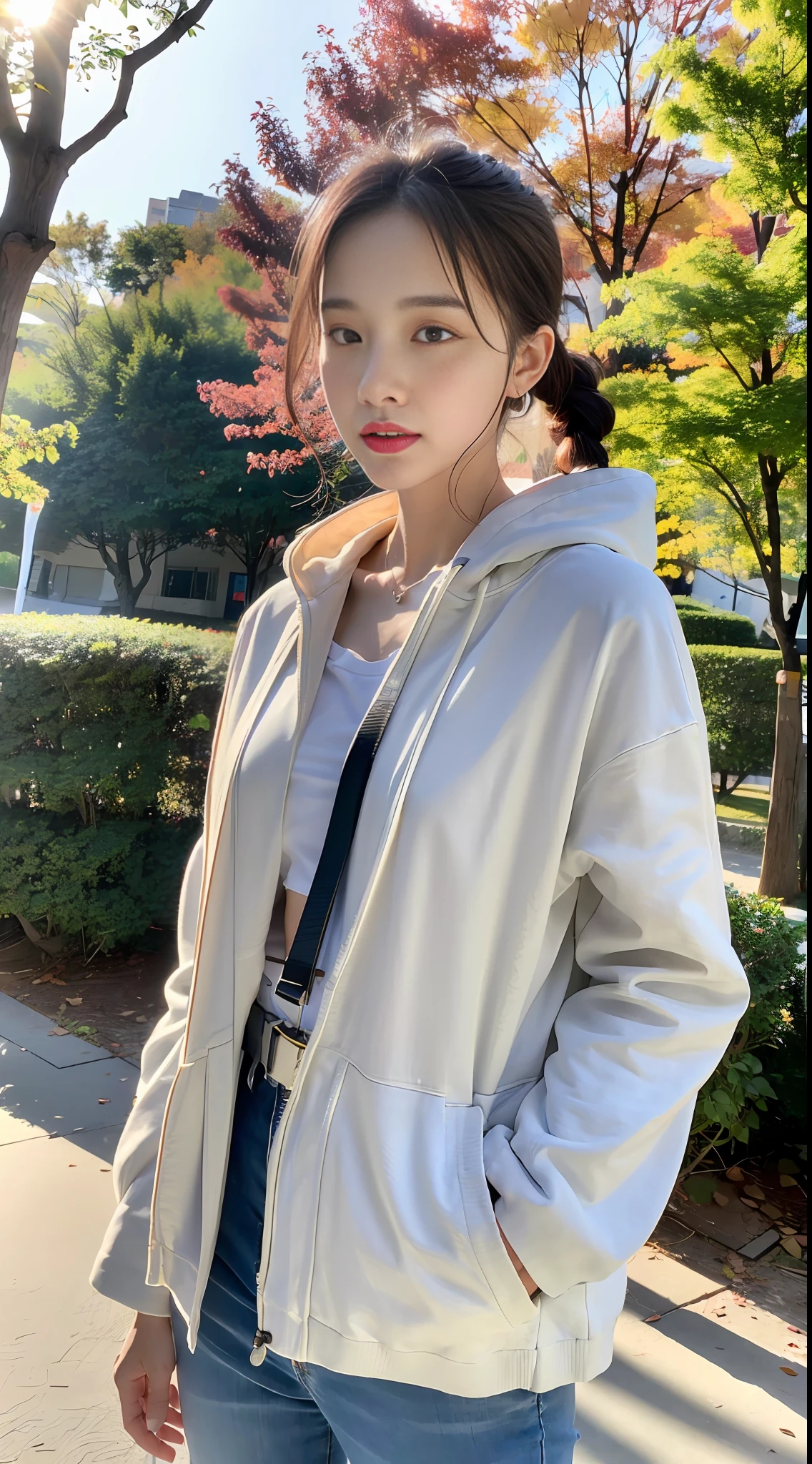 (8k, RAW Photo, Best Quality, Masterpiece: 1.2), (Realistic, Photo Real: 1.37), Professional Lighting, Photon Mapping, Teleportion, Korean Girl, Park, White Autumn Wear
