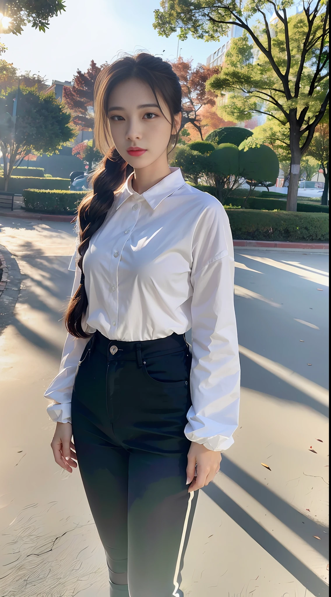 (8k, RAW Photo, Best Quality, Masterpiece: 1.2), (Realistic, Photo Real: 1.37), Professional Lighting, Photon Mapping, Teleportion, Korean Girl, Park, White Autumn Wear