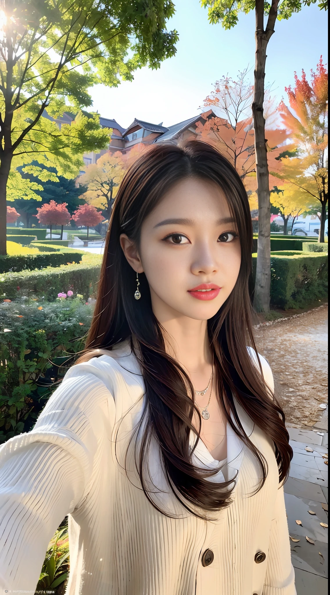 (8k, RAW Photo, Best Quality, Masterpiece: 1.2), (Realistic, Photo Real: 1.37), Professional Lighting, Photon Mapping, Teleportion, Korean Girl, Park, White Autumn Wear