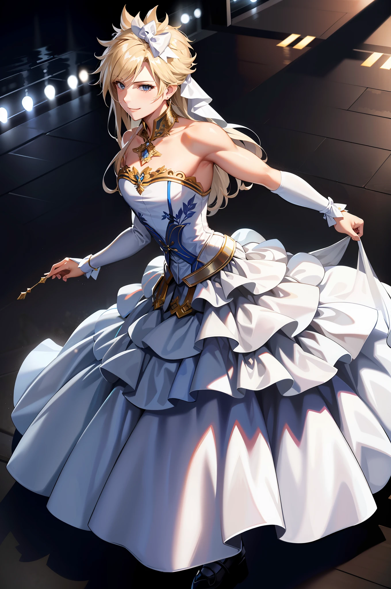 Masterpiece, best quality, cloud clash, crossdressing, long hair, male focus, pure white bridal dress, hair bow, smile, beautiful face, looking at the audience, white stockings, flowers in hand, pseudonym, face depicted meticulously, white stockings shiny