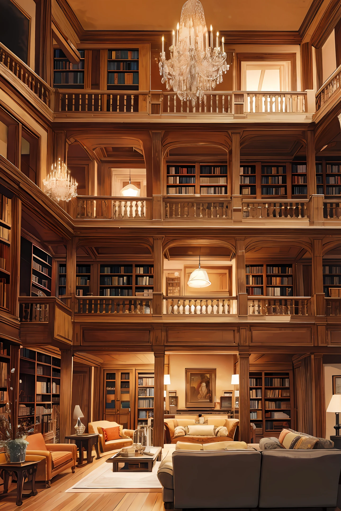 In the room lit by a pendant lamp, a group of people gather around a bookshelf filled with books. The large, red sofa invites them to relax and enjoy a lively conversation. The 4K image in great quality makes everything more realistic, allowing the details of the faces and expressions to be fully appreciated. The atmosphere is warm and inspiring, perfect for sharing stories, ideas and precious moments together.