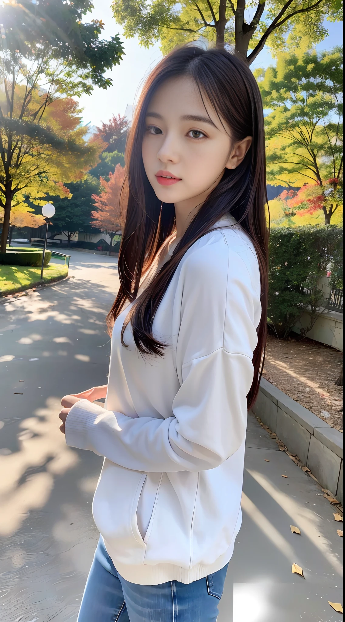 (8k, RAW Photo, Best Quality, Masterpiece: 1.2), (Realistic, Photo Real: 1.37), Professional Lighting, Photon Mapping, Teleportion, Korean Girl, Park, White Autumn Wear