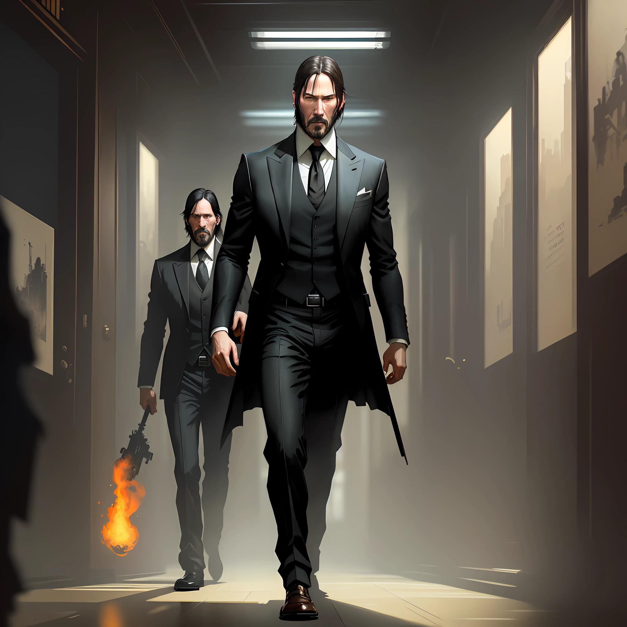 a man john wick, above all, Steampunk by Ed Blinkey, Atey Ghailan, Studio Ghibli by Jeremy Mann, Greg Manchess, Antonio Moro, trend at ArtStation, trend at CGSociety, Intricate, High Detail, Sharp Focus, dramatic and photorealistic painting art in the middle of the journey and Greg Rutkowski