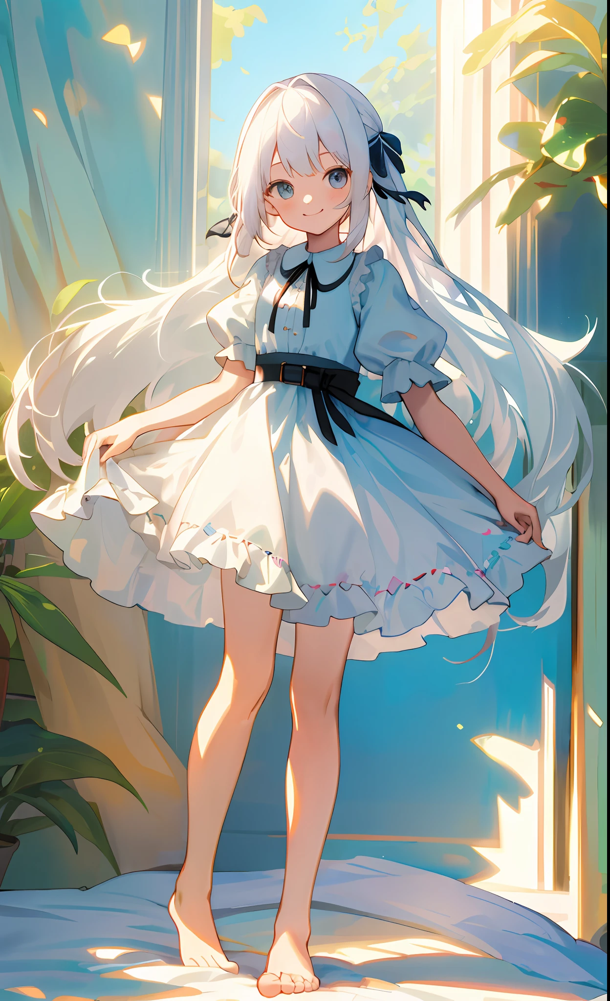 ((masterpiece,best quality)),1girl, solo, barefoot, knees up, dress, short sleeves, looking at viewer, bedroom,very long hair, smile,standing ,white hair, puffy sleeves,  puffy short sleeves, full body, white dress, sunlight, dappled sunlight day, leg belt,narrow waist, slim legs,ribbon