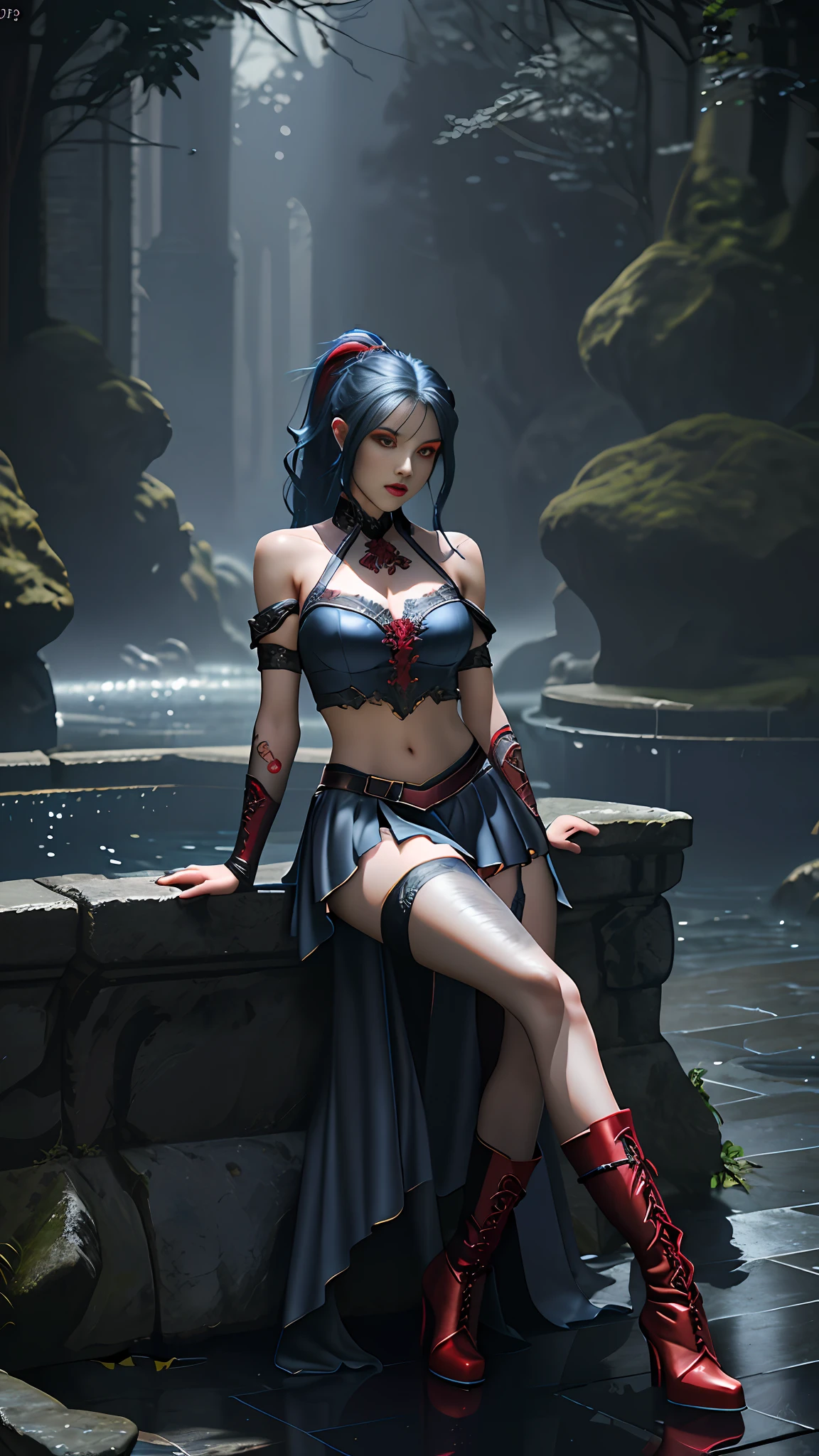 Perfect waist cut, Large breasts, Warrior girl with a scimitar on hand, Skimpy organza clothes ,dark blue hair with red highlights, (perfect nose), Seductive gaze, Boots on high heels (Best Illustration), 8k Resolution, Intricate Details, Best Quality, Realistic, Ultra Detailed, Best Lighting, Best Shadows, Ultra HD, A Necromancer style, Night, Magic, Dark Style, Vampire, (shining red eyes:1.6), masterpiece, high_res, Beautiful face, tyndall effect, photo realistic, (high detailed skin:1.2), 8k uhd, dslr, high quality, Photograph, high resolution, 4k, 8k, Bokeh, absurdres, ponytail contorted, best ratio four finger and one thumb, front view, dark blue hair gorgeous, perfect proportional skinny fitness body, full body view, wet skin, wet clothes, dark cathedral baground scenery, huge bobs, belly muscle, long fit perfect legs, fishnet Stockings,