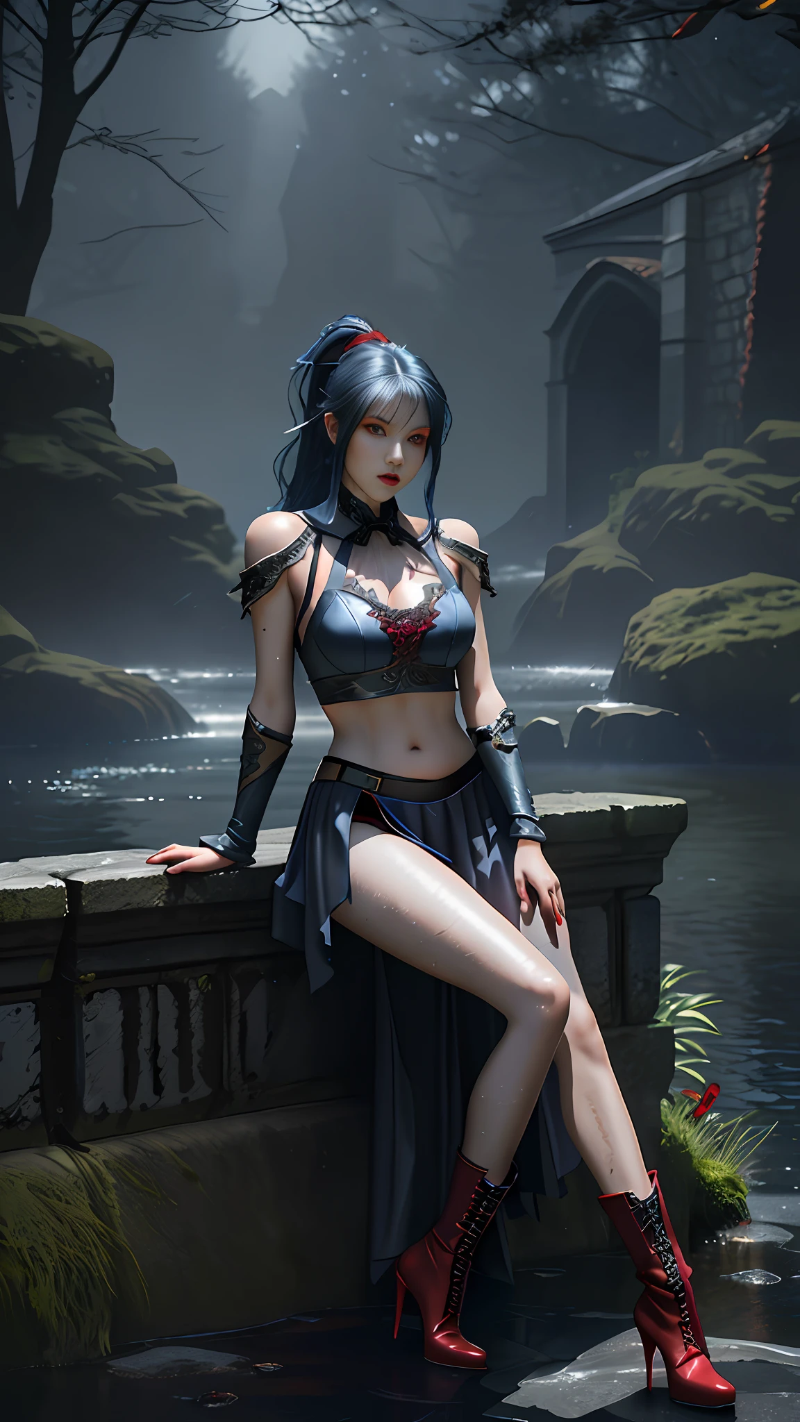 Perfect waist cut, Large breasts, Warrior girl with a scimitar on hand, Skimpy organza clothes ,dark blue hair with red highlights, (perfect nose), Seductive gaze, Boots on high heels (Best Illustration), 8k Resolution, Intricate Details, Best Quality, Realistic, Ultra Detailed, Best Lighting, Best Shadows, Ultra HD, A Necromancer style, Night, Magic, Dark Style, Vampire, (shining red eyes:1.6), masterpiece, high_res, Beautiful face, tyndall effect, photo realistic, (high detailed skin:1.2), 8k uhd, dslr, high quality, Photograph, high resolution, 4k, 8k, Bokeh, absurdres, ponytail contorted, best ratio four finger and one thumb, front view, dark blue hair gorgeous, perfect proportional skinny fitness body, full body view, wet skin, wet clothes, dark cathedral baground scenery, huge bobs, belly muscle, long fit perfect legs, fishnet Stockings,
