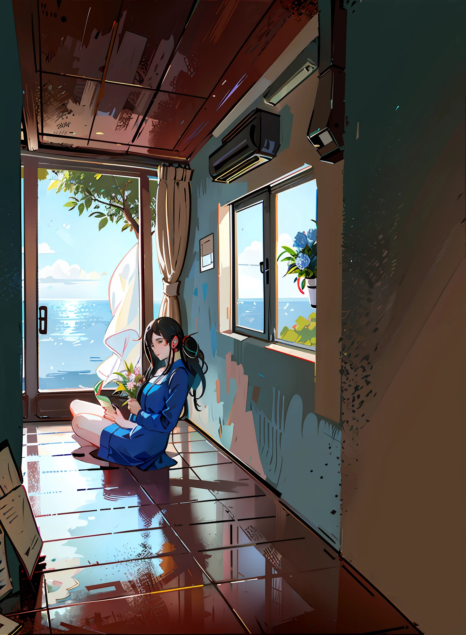 There was a woman sitting on the floor in the room, enjoying music with headphones. Everything around is quiet and nice. Outside the window, her boyfriend is holding a bouquet of flowers and is walking towards her, everything will become romantic and beautiful!
