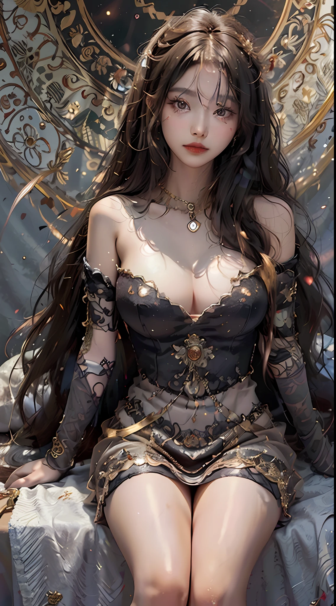 Masterpiece, Best Quality, Portrait of a Beautiful Woman, Intricate Dress, Sadness, Golden Eyes, Realist Asian Beauty, Long Hair, Black Hair, Air Bangs, Exquisite Face, Flaming Red Lip Silk Dress, F-Cup, Sexy, Wind, Fantasy, Glitter Jewelry, Glare, Rainbow Colors, Global Illumination, Real Hair Movement, Realistic Light, Realistic Shadows, Side Vision, ((Perspective)), Soft Light, Dream Light, Perfect Eyes, Background 4K, Romance, High Detail, Crown, Gold and Gemstones, --v6
