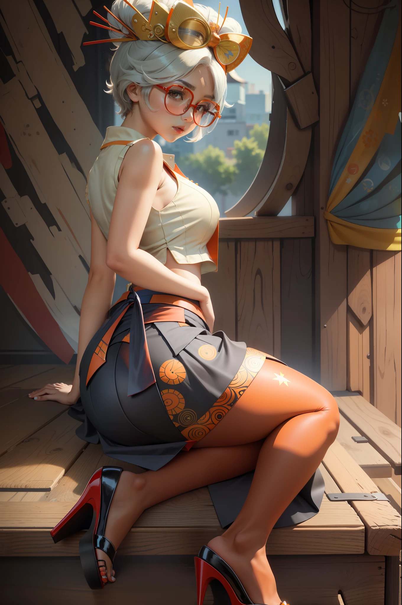 masterpiece, best quality, purah, red glasses, hair ornament, sleeveless shirt, black skirt, orange leggings, high heels, sitting, from side, looking at viewer,