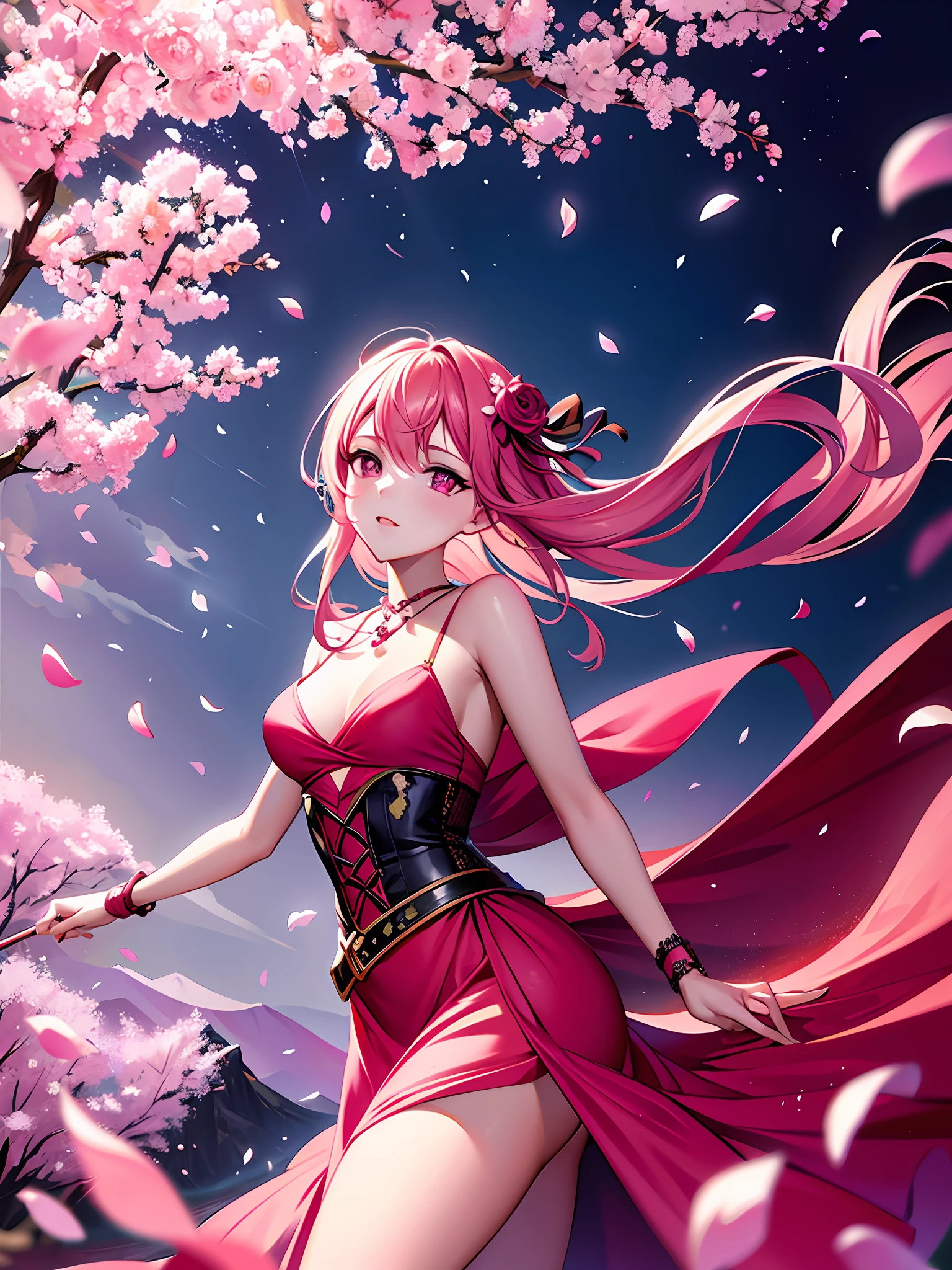 Masterpiece, best quality: 1.3), (thick lines), (imitation traditional media), high resolution, official art, best illustration, (8k resolution), woman in pink dress and fishing net dancing with petals, breasts, fashionable, fantasy art, hips, pink petals flying, falling petals, falling petals, falling red petals, rose petals flying in the wind, fine art fashion photography, petals falling everywhere, fashion photography, falling cherry blossom pedal, falling cherry blossom pedal, magenta lighting. Fantasy, high fashion photography
