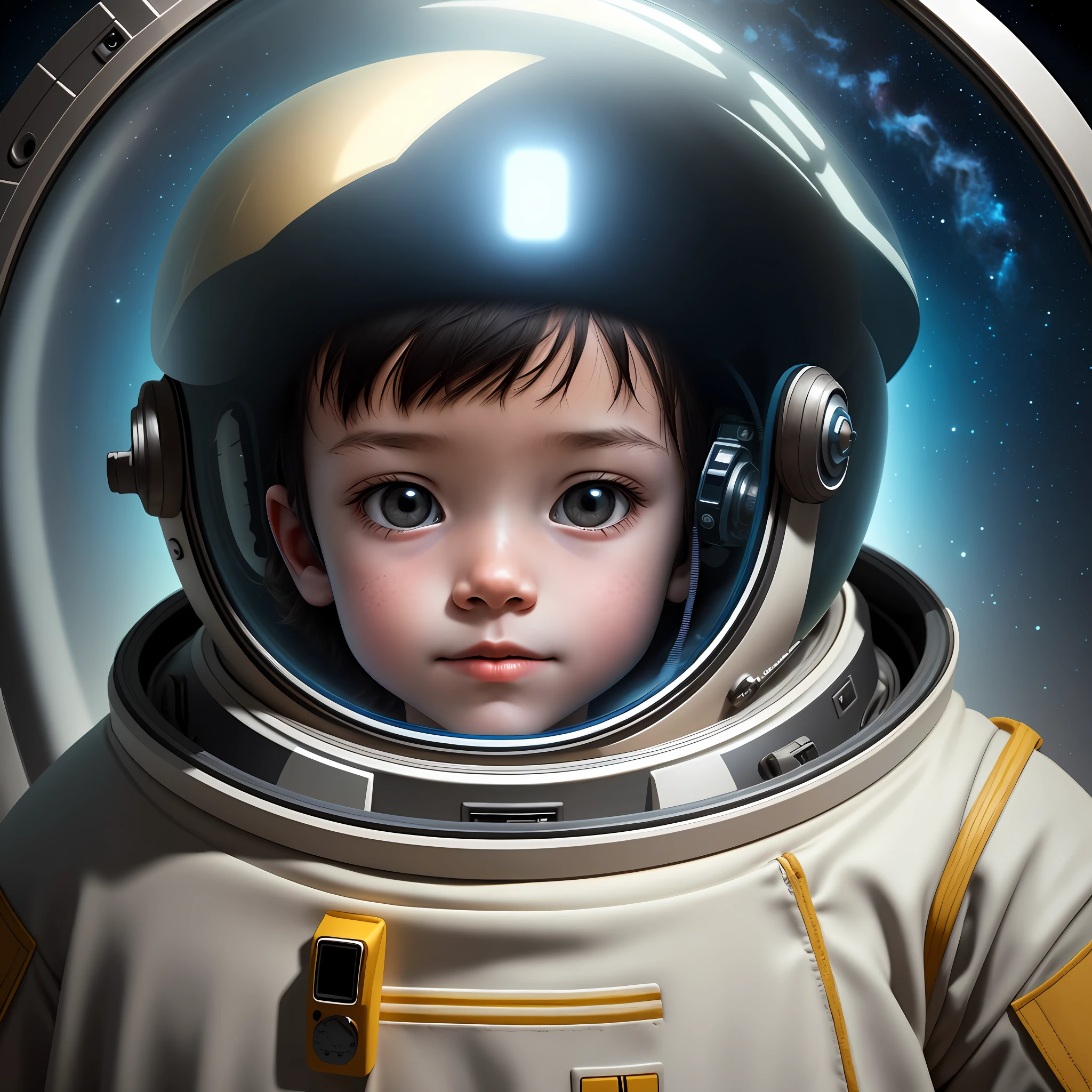 Child with space helmet, close-up on face with child astronaut helmet, official 4k digital illustration, official image, 3d game, image with old atmosphere