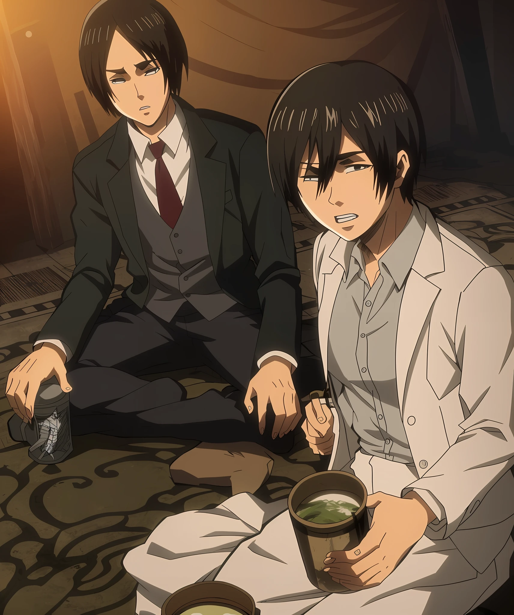 best quality, masterpiece, (realistic: 1.2), 1 man, Eren Jaeger, black jeans, black pants, brown hair, attack on Titan, cold background, black jacket, slim body, high definition, high quality, black clothes