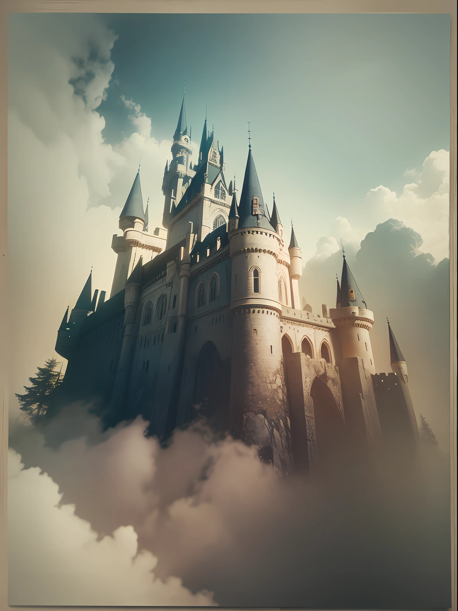 castle, natural highlights, bright colours, realistic wide angle, mystical environment, realistic textures, realistic shading, centered, inked lines and watercolour, UHD, photo, 8k resolution, dark, dynamic action, pale washed out style, camera Holga, retro, dreamy nostalgic, soft focus, vignetting, light leaks, medium photography, gloomy artistic painterly ethereal, whimsical