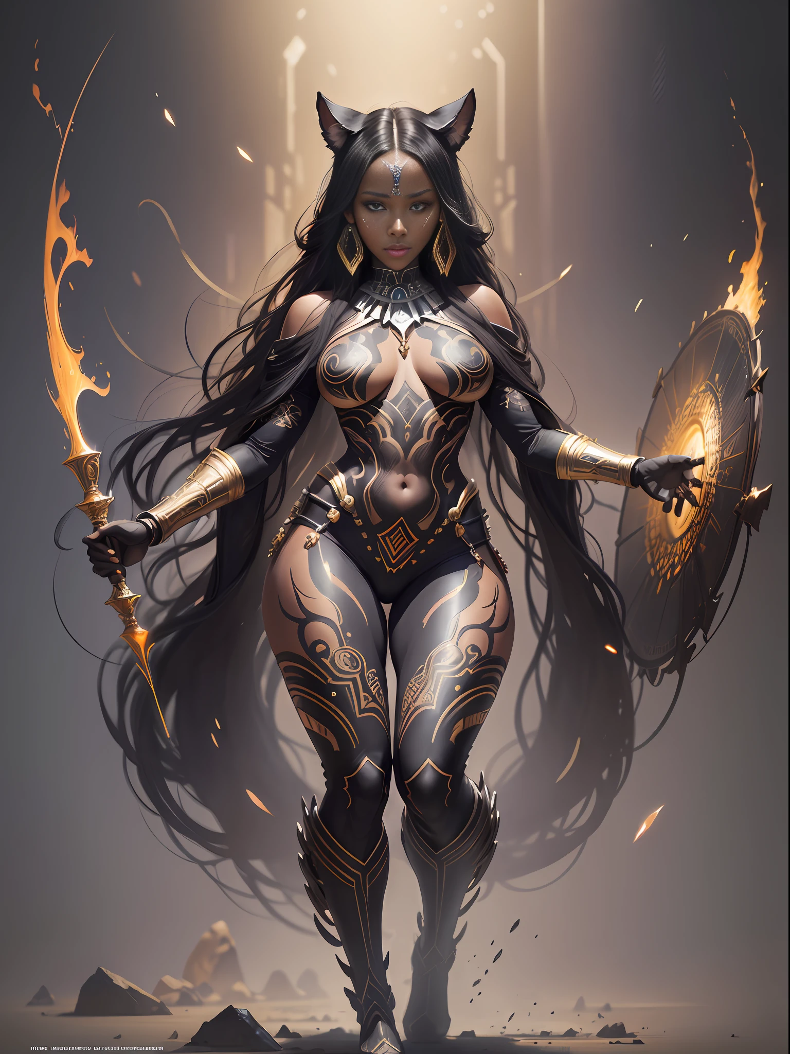 Black panther goddess, glowing cat eyes, Beautiful woman from the Himba tribe, detailed face, digital painting, highly detailed hyperrealistic painting, artwork by Bastien Lecouffe Deharme, Artgerm, Carne Griffiths and Wadim Kashin, by Erlé Ferronnière, Jeremy Mann, symmetrical, abstract art style, intricate complex watercolor painting, beautiful and stunning full body to die for, Super detailed full body, sf, intricate artwork asterpiece, ominous, atte painting movie poster, golden ratio, trending on cgsociety, intricate, epic, trending on artstation, by artgerm, h. r. giger and beksinski, highly detailed, vibrant, production cinematic character render, ultra high quality model, sf, intricate artwork