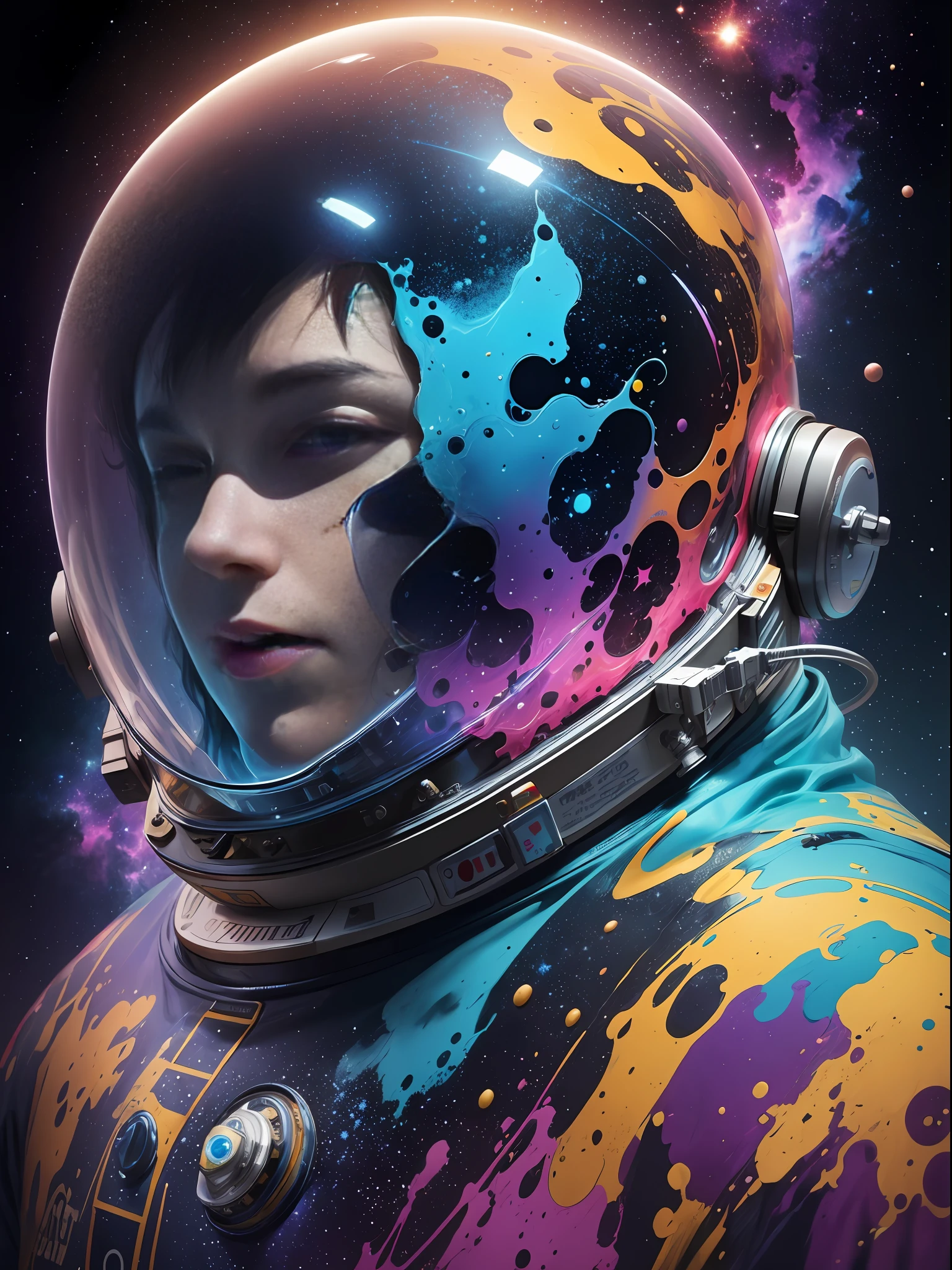 confused astronaut in space, outer space, galaxy, a colorful and fantastic place. alberto seveso art, colourful, water ink, ink water, ink cloud, alberto seveso art, loose painting style, intricate detail, perfect face, cinematic lighting, octane render, 8k render, volumetric lighting