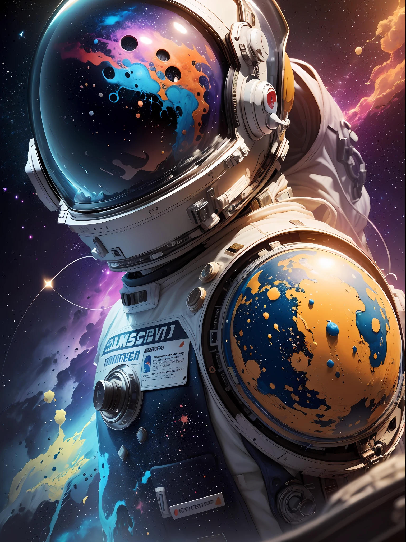 confused astronaut in space, outer space, galaxy, a colorful and fantastic place. alberto seveso art, colourful, water ink, ink water, ink cloud, alberto seveso art, loose painting style, intricate detail, perfect face, cinematic lighting, octane render, 8k render, volumetric lighting