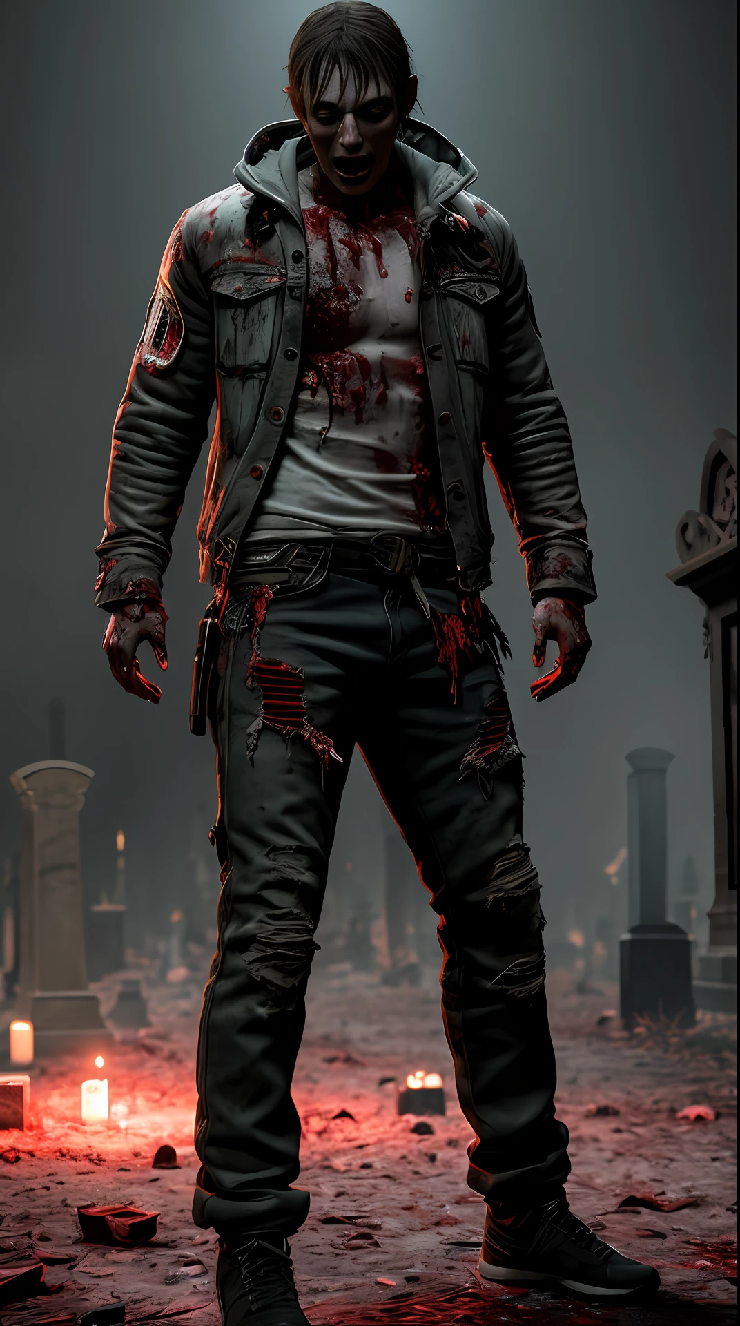 Cinematic soft lighting illuminates a stunningly detailed and ultra-realistic zombie , wearing bloodstained torn clothes , super strong, muscular, body deformed, in the background a terrifying night in a cemetery, that is trending on ArtStation. Octane is the perfect tool to capture the softest details of this 16k photography masterpiece