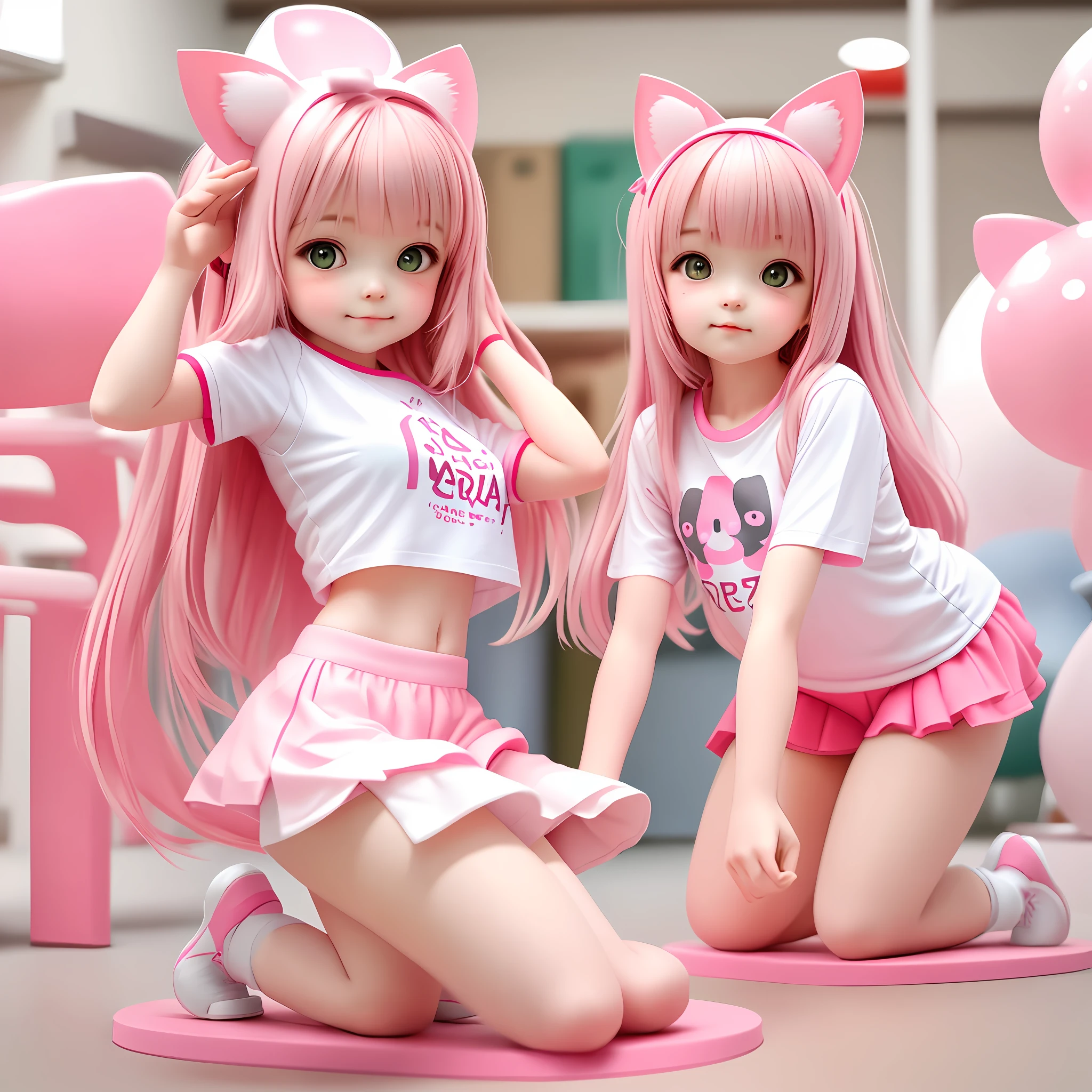 Shirt, cat girl, cute, pink white, kneeling, head forward, perfect girly face, young girl